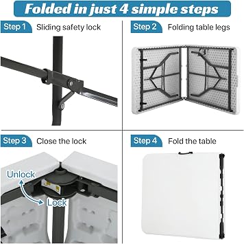 6FT Plastic Folding Table - Portable, Foldable Indoor/Outdoor Fold Up Table for Eating, Camping and Party, White