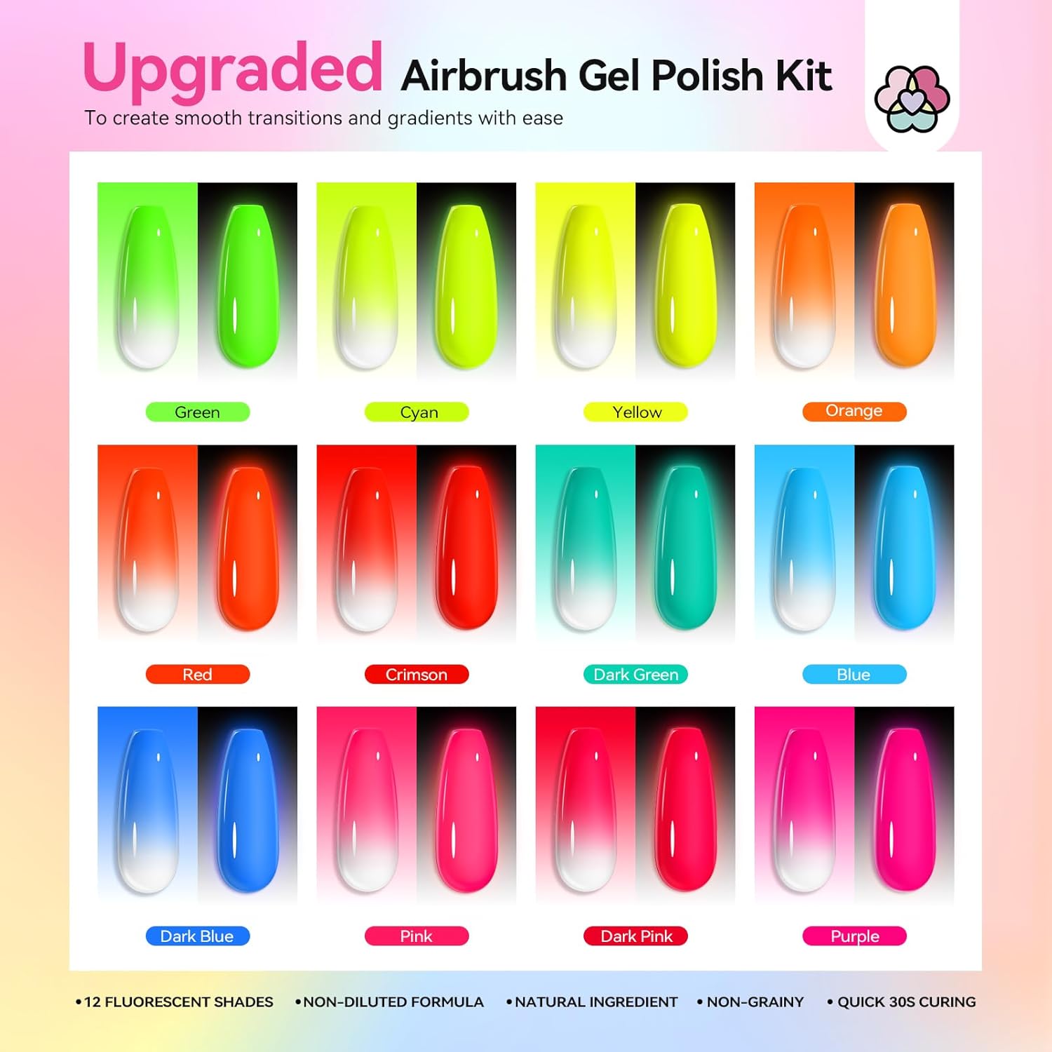 SAVILAND Airbrush Gel Nail Polish Hema-Free: Dilution-Free Fluorescent Airbrush Shine All Night Long,12 Colors Non-Acetone Glows in The Dark for Nails French Manicure DIY Salon & Party & Bar Social