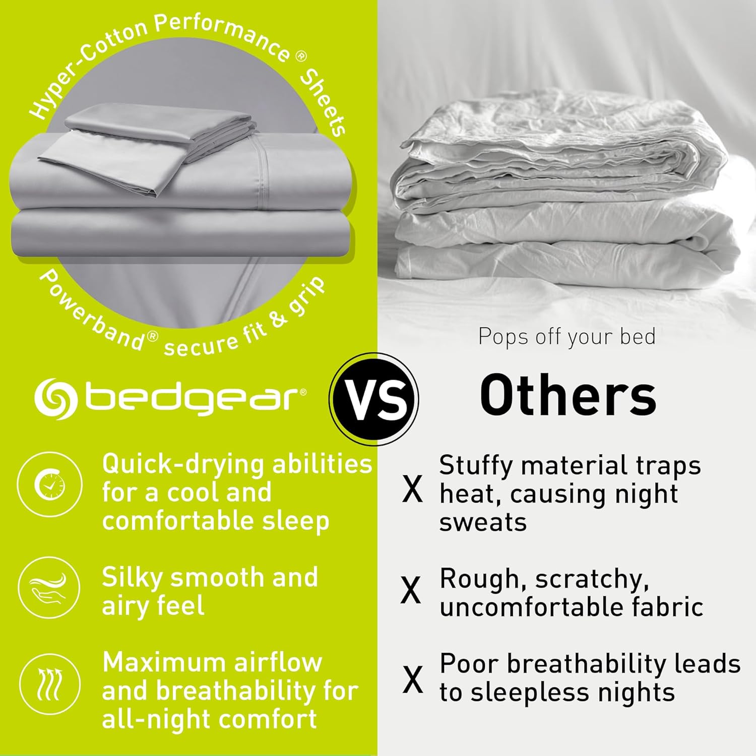 Bedgear Hyper-Cotton Bed Sheet Set – Breathable, Cooling, Quick-Drying, Silky-Soft Bedding – Fitted Sheet Flat Sheet Pillowcases – 60% Rayon from Bamboo, 40% Cotton Blend Bed Sheets, Twin, Light Grey