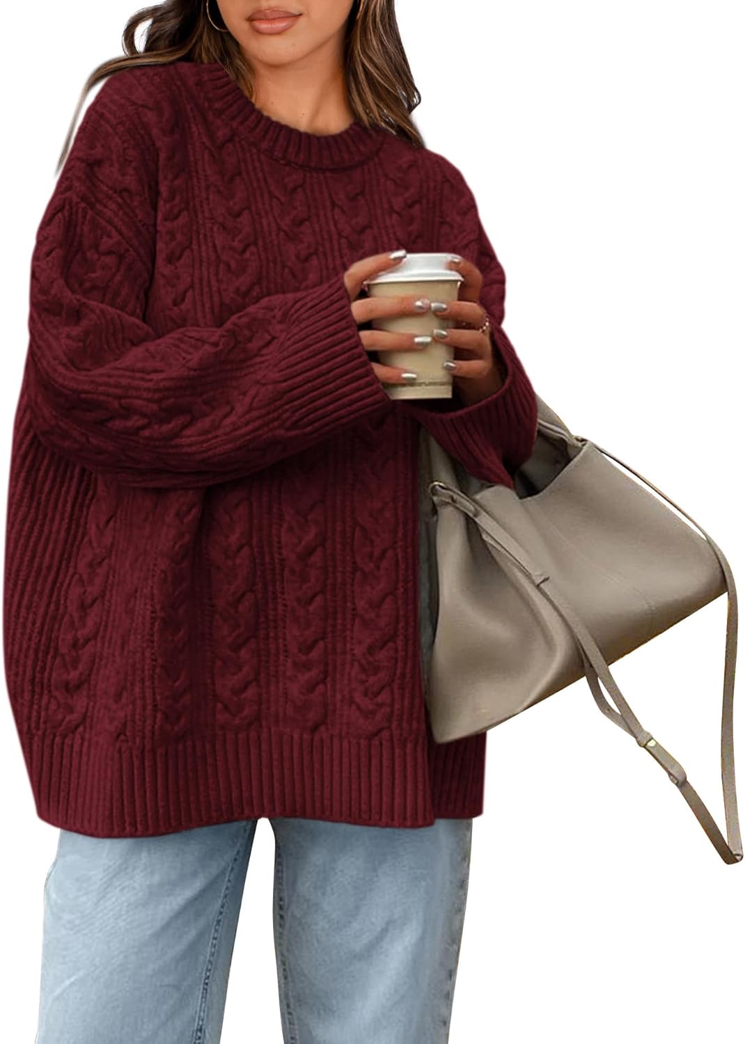 Okiwam Women's Oversized Sweaters Crewneck Cable Knit Pullover Casual Loose Fall Outfits Spring Fashion Clothes 2026