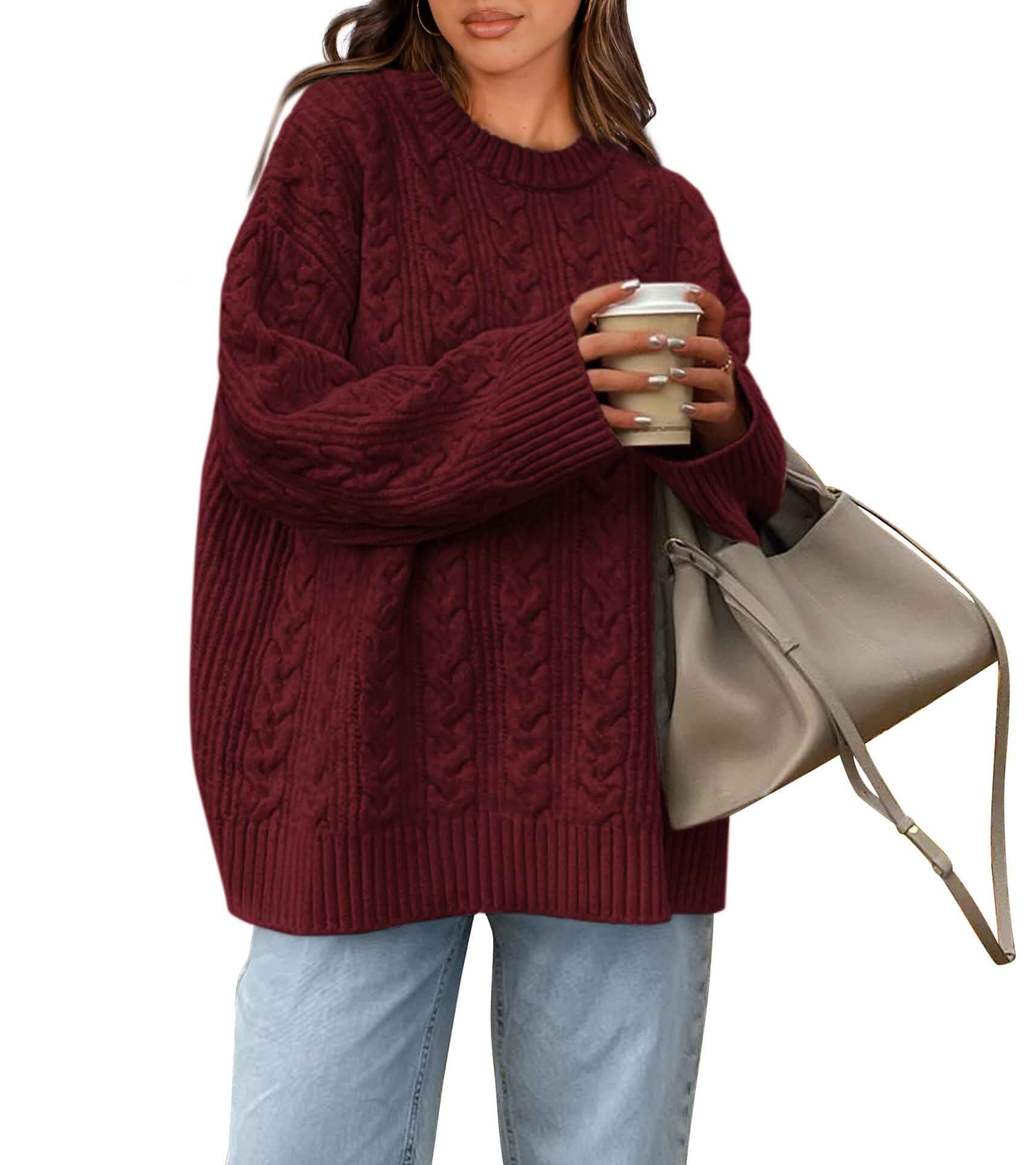 Okiwam Women's Oversized Sweaters Crewneck Cable Knit Pullover Cozy Soft Chunky Textured Knit,Classic Basic Loose Fit Tops Casual Vacation & Work Office Everyday Wear Early Fall Fashion