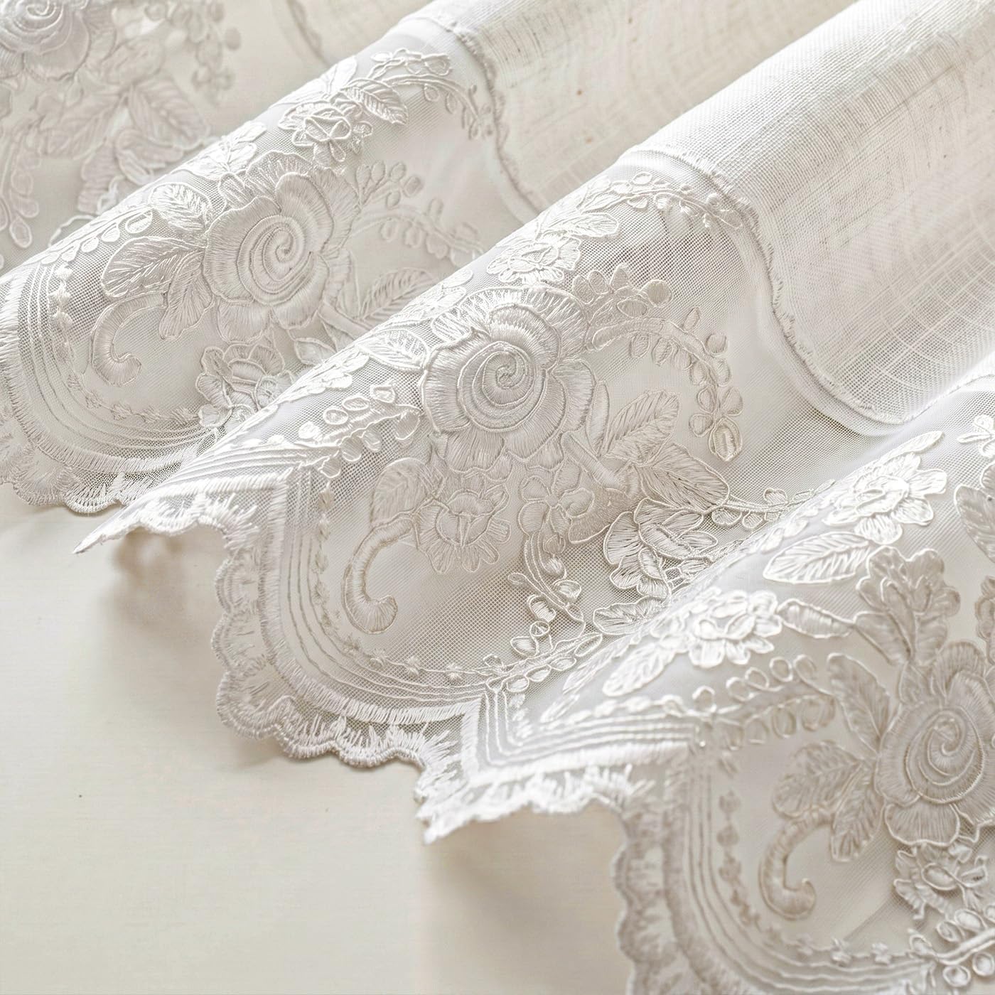 White Lace Sheer Valance Vintage Embroidered Floral Bow Decor, 60"x18"
