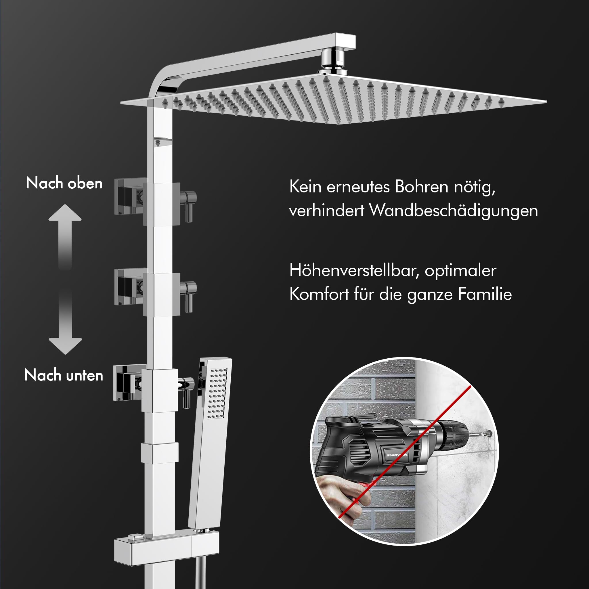 HOMELODY Armatura prysznicowa kompletny zestaw z termostatem, chrom – system prysznicowy ze stali nierdzewnej z głowicą prysznicową 30 x 30 cm – deszczownica z armaturą, prostokątny zestaw prysznicowy