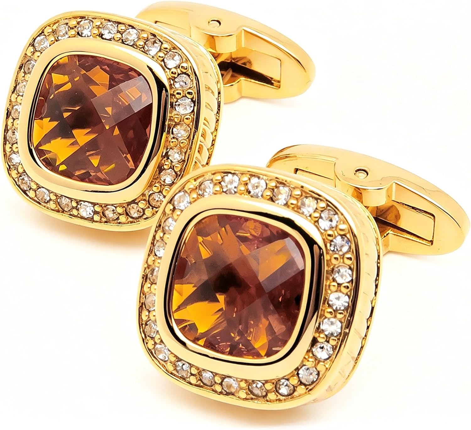 14K Gold Plated Brown Gem Stone Cufflinks for Men with Gift Case | Handmade Square Wedding Mens Crystal Cuff Links for French Shirt Party Formal Casual Anniversary Dress, Easy to Put On