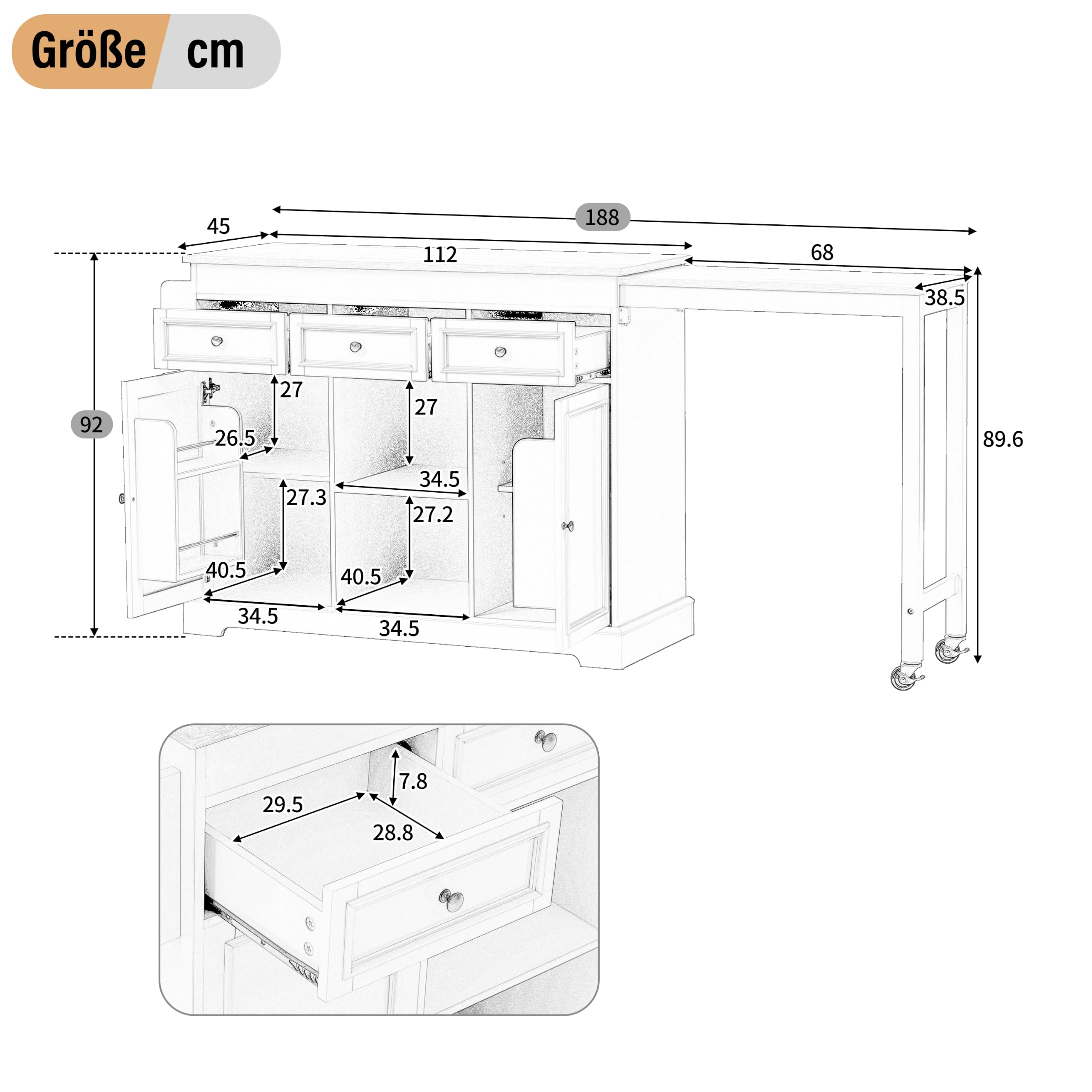 Merax Îlot de Cuisine sur roulettes Extensible 112–188 cm, Îlot Central Cuisine avec Plan de Travail Coulissant, Rangement Épices, Tiroirs et Placards, Îlot Cuisine Mobile Autoportant Blanc