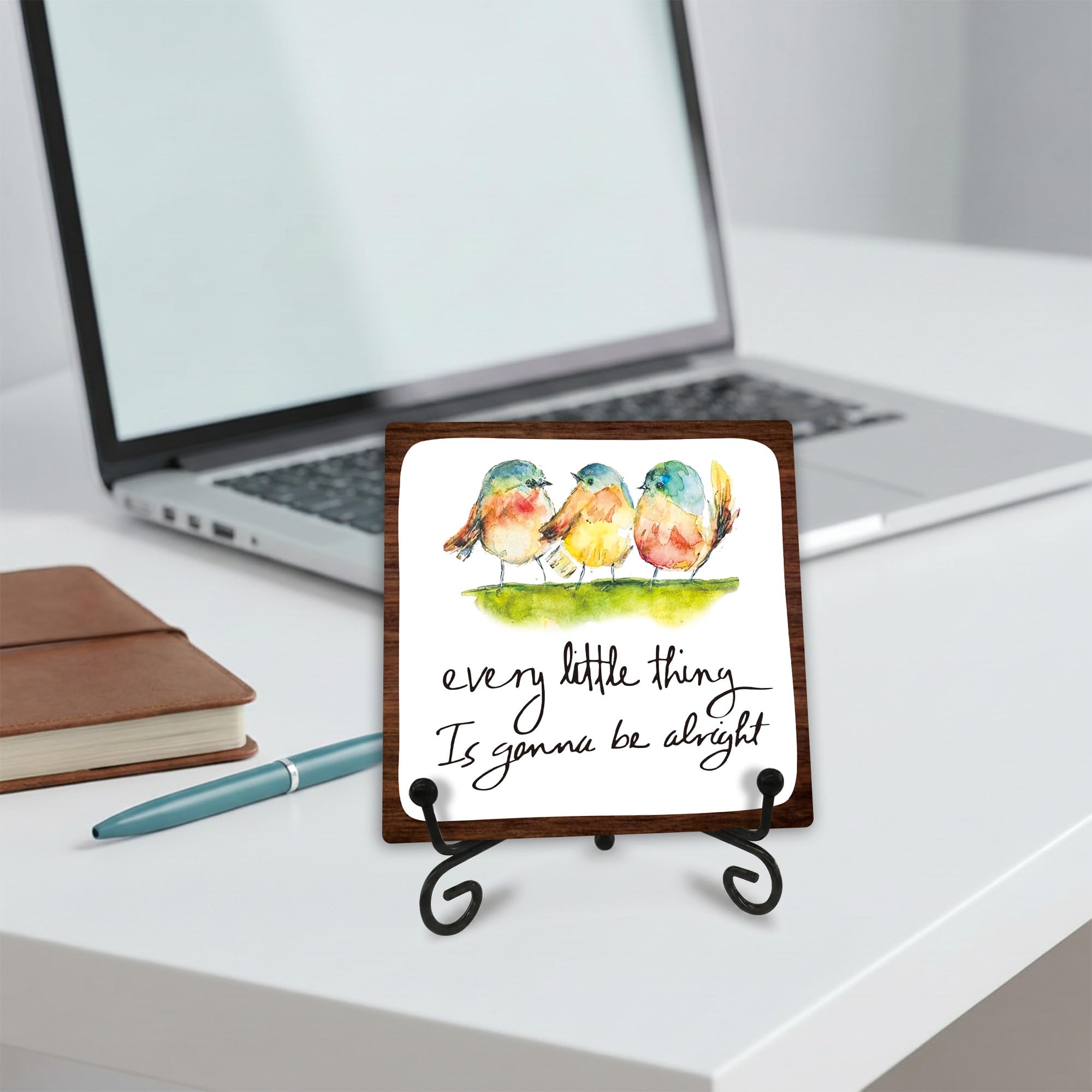 Letrero de madera de 4 pulgadas con un soporte de metal – Every Little Thing Is Gonna Be Alright – Acuarela adorables pájaros, cita positiva, placa de madera para decoración de escritorio, regalos