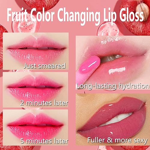 Miniatura 3 de 6 lápices labiales con brillo de labios que cambian de color afrutado, color rosa mágico, teñido con aceite labial, cambio de color claro de alto