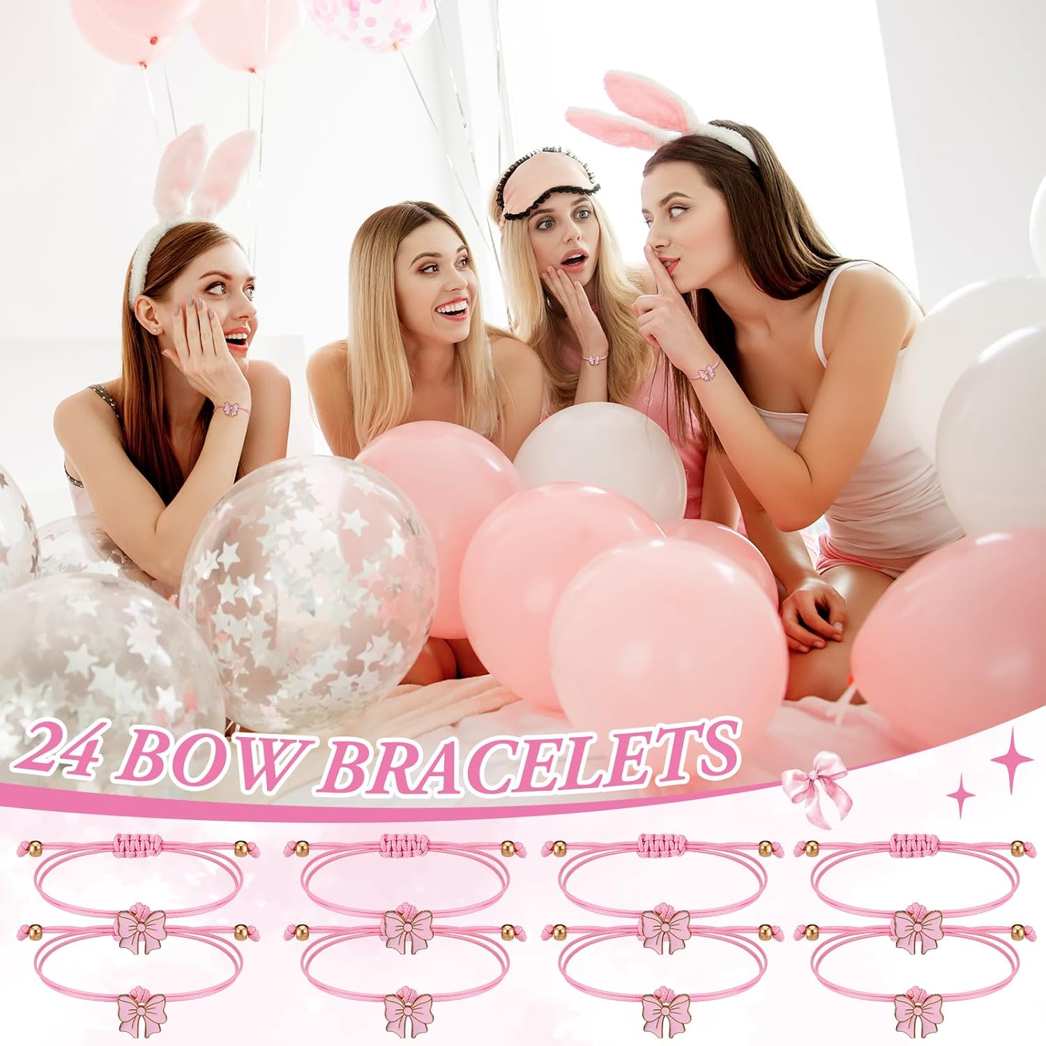 24 Sets 72 Pcs Galentines Day Coquette Pink Bow Bracelets Gift Bulk Pink Bow Party Favors Bowknot Braid String Bracelets for Women Cute Valentines Jewelry Gifts for Cheer Team Friends Birthday - Image 3