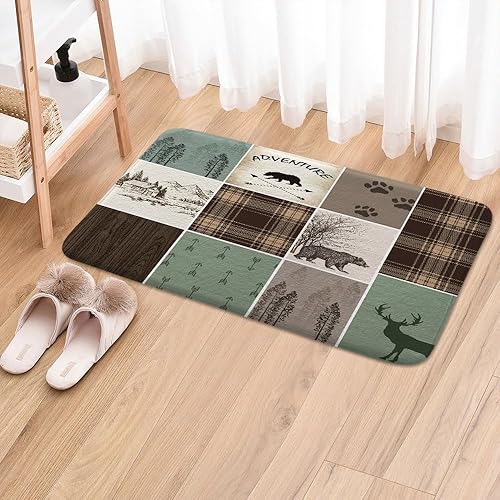 Miniatura 3 de Alfombras de baño de cabaña retro rústicas para baño, osos, ciervos, caza, animales salvajes, franela para baño, ducha, antideslizante, tapete a
