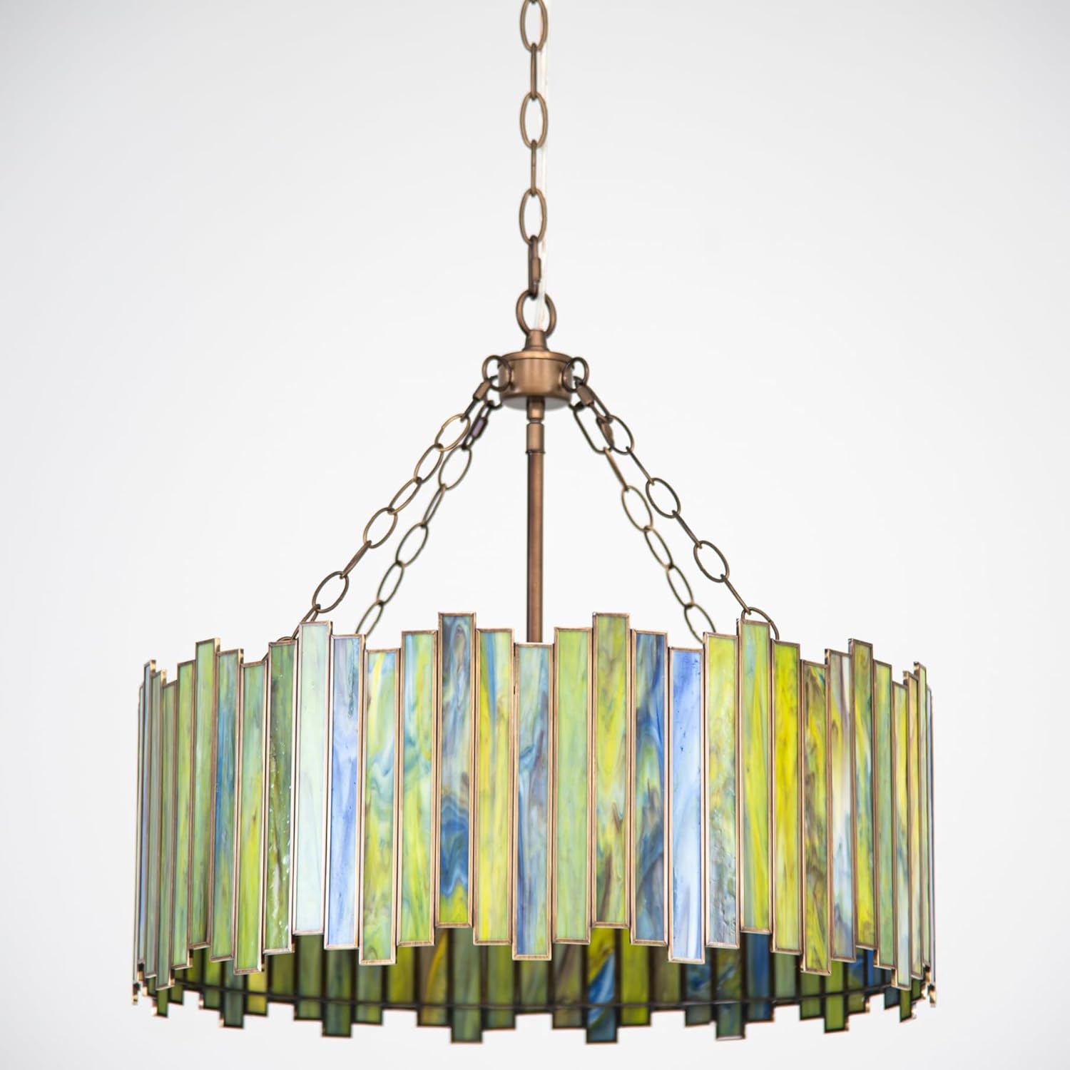 Antique Brass Drum Chandelier 6-Light Modern Tiffany Pendant Lighting Fixture with Stained Glass Shade 20” Round Ceiling Hanging Lamp Bedroom Dining Living Room Kitchen Entry