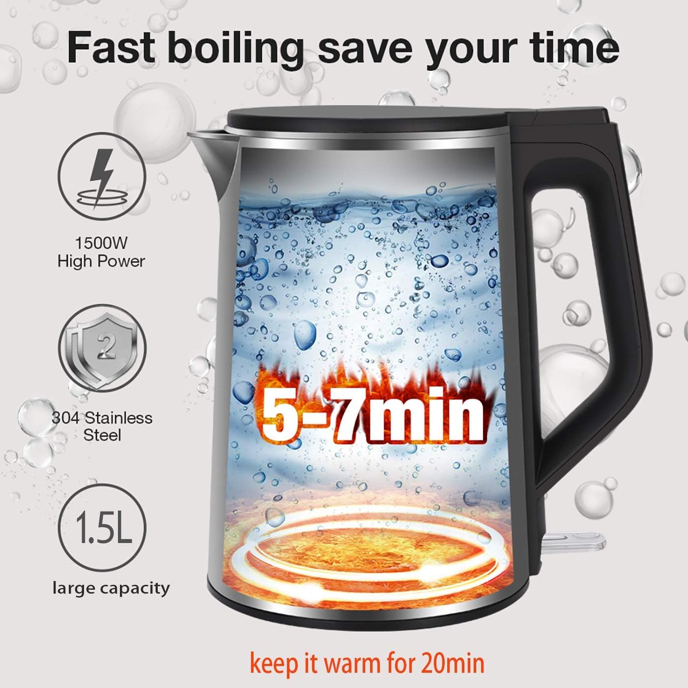 Electric Kettle Hot water kettle 1.5L Double Wall Stainless Steel Cool Touch Electric Kettle Auto Shut-off & Anti-Scald Protection: Home & Kitchen