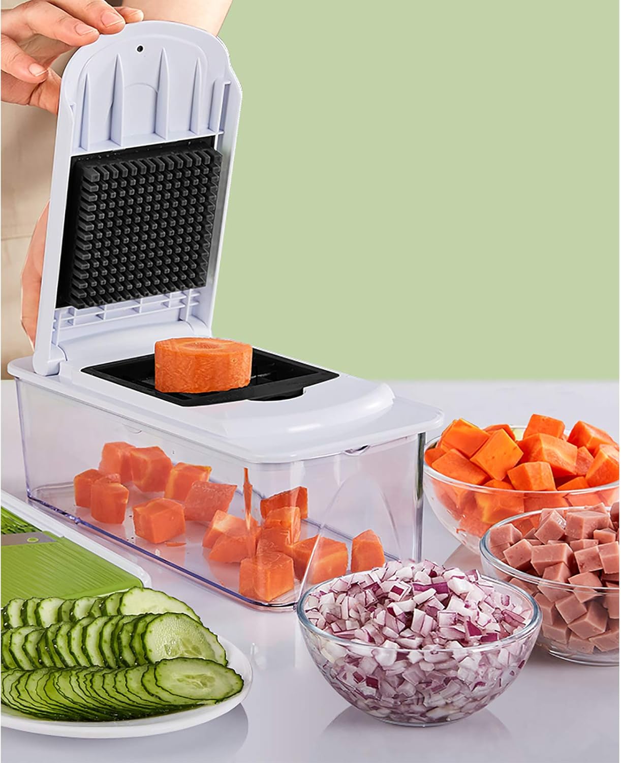 Potato Onion Slim Chopper Salad Food Chopper Multifunctional Spiralizer Cutter with Container Hand Guard Clean Brush Mandolin Slicer for Fruit Tomato Carrot Vegetable Chopper Pink 37.5 x 11 x 10 cm