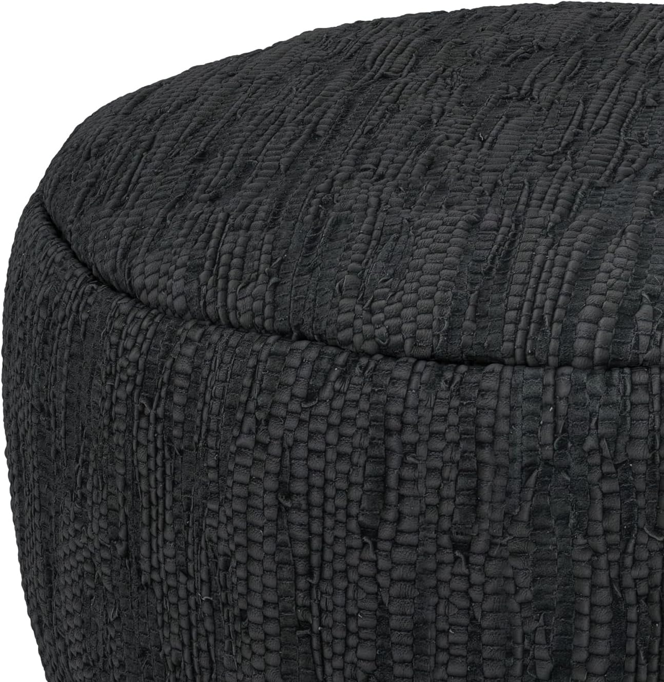 SIMPLIHOME Fredrik Round Pouf - 30 inch Wide Genuine Woven Leather Ottoman in Black, Boho-Style Footstool or Extra Seating for Living Room or Bedroom with Polystyrene Bead Filling, Assembled