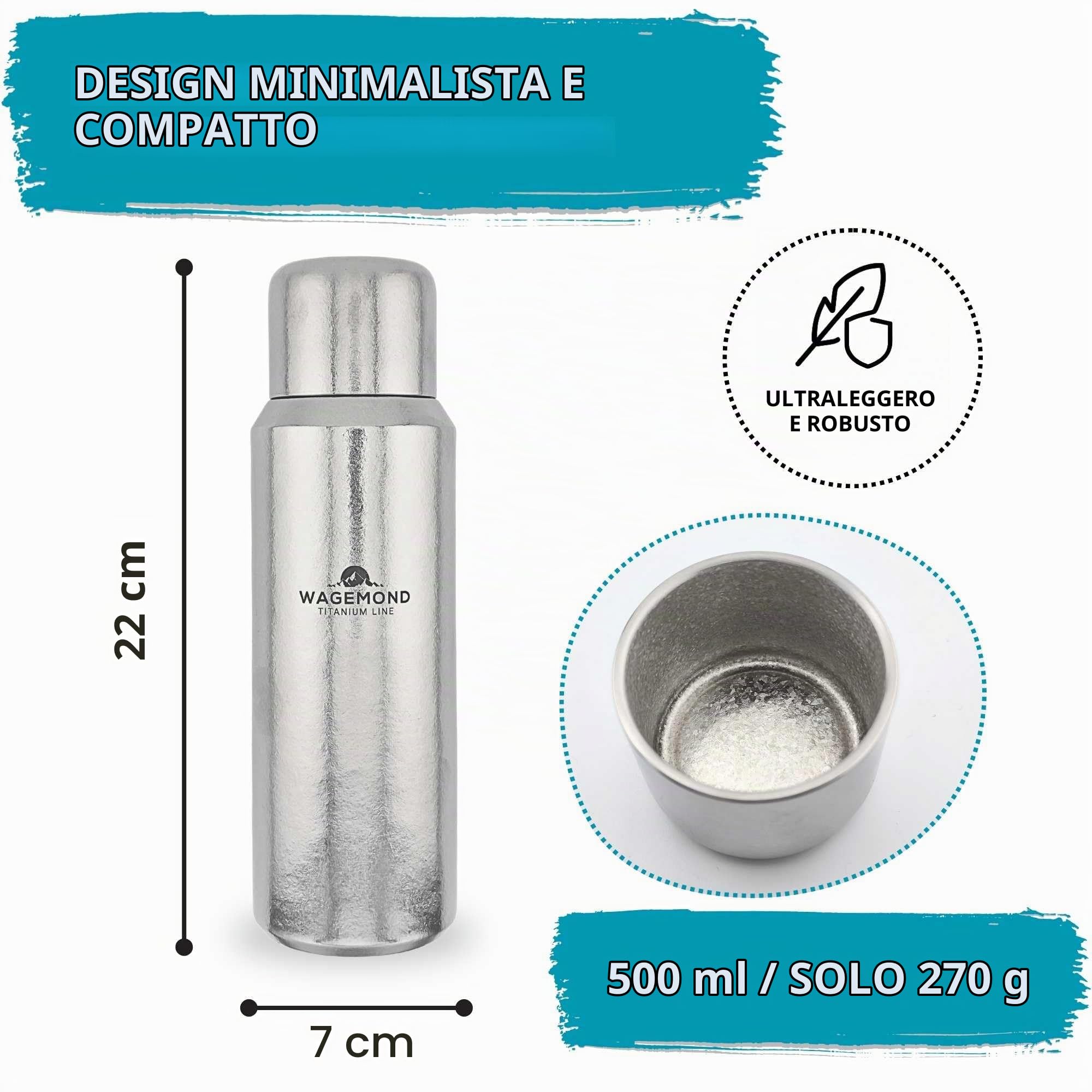 Thermos in titanio da 500 ml, ultra leggero e a doppia parete, isolato, 100% titanio, senza BPA, con tazza magnetica, colino da tè, custodia protettiva e spazzola per la pulizia, all'aperto