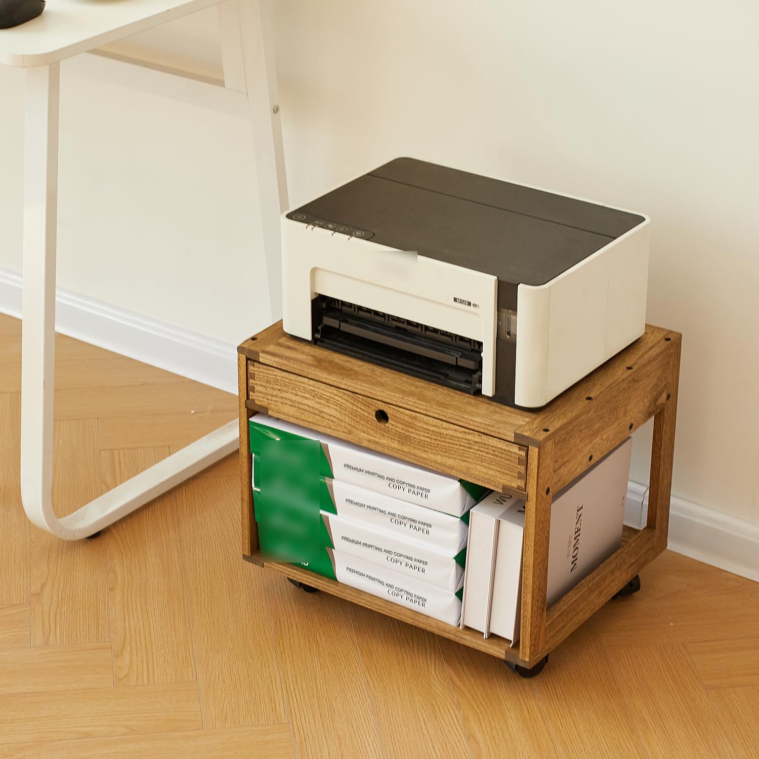 KIRIGRN Estantería Para Impresora De Madera De Paulownia Con Ruedas, Base De Impresora Con Cajón Y Compartimento, Soporte Móvil Con Espacio De Almacenamiento