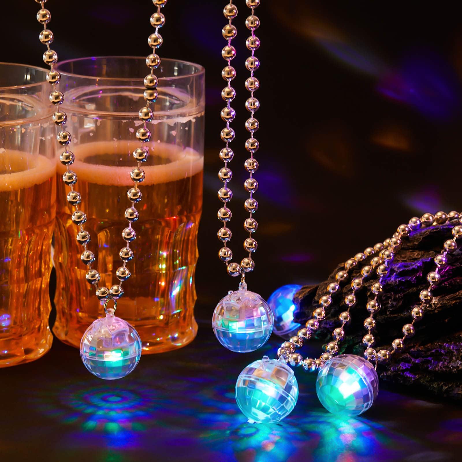 6 Pcs LED Disco Ball Necklaces Light up Party Necklaces 70s Disco Party Decorations Disco Accessories Women Disco Ball Costume Disco Party Favors for Women Dance Supply (Silver, Colorful Light)