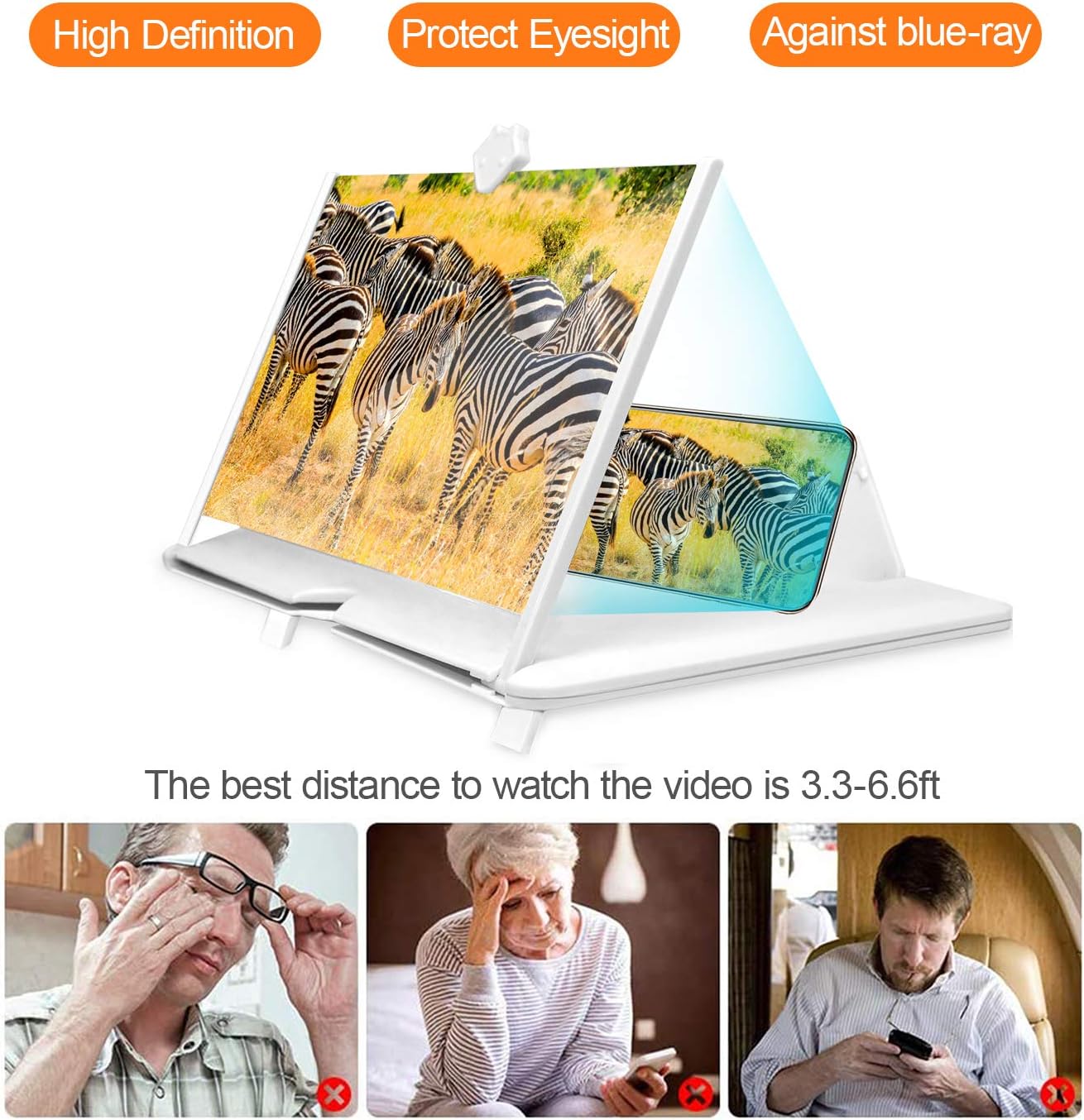 12" Phone Screen Magnifier 3D Screen Amplifier HD Mobile Phone Magnifier, Videos and Gaming– Foldable Phone Stand with Screen Amplifier–Supports All Smartphones(White)
