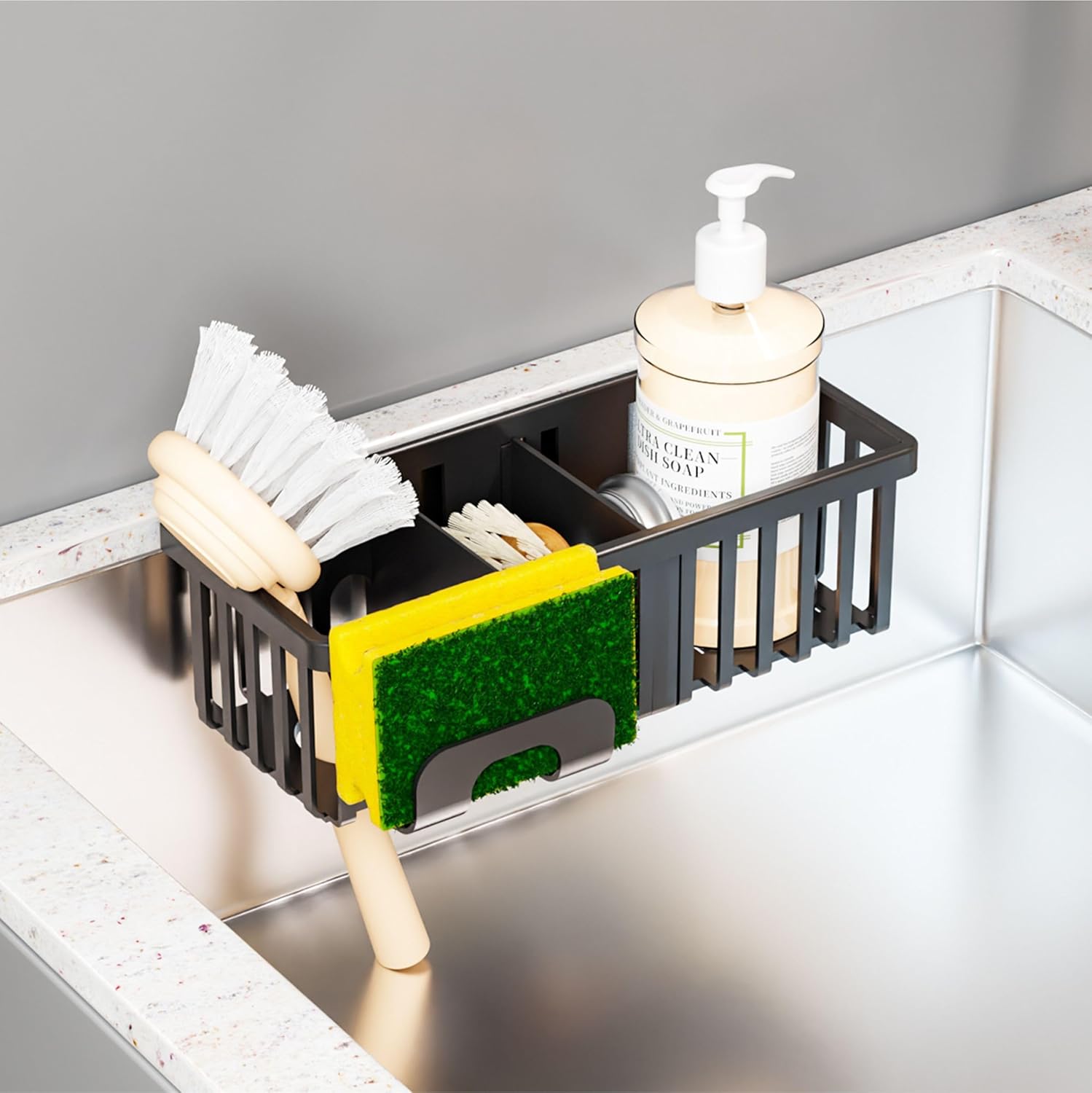 Yieach Black In Sink Sponge Holder for Kitchen Sink Organizer 3-In-1 In Sink Caddy with Suction Cups Plastic