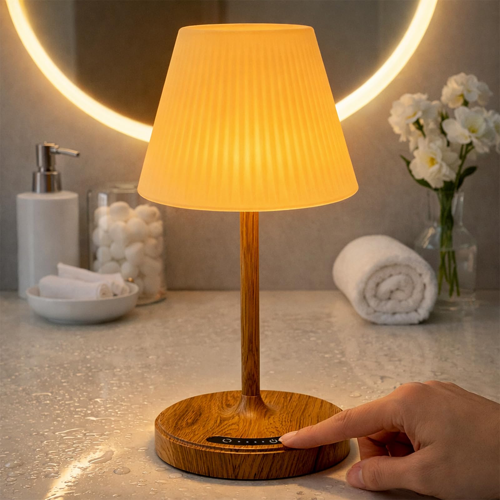 ZEONX Rechargeable LED Shower Table Lamp Waterproof with Battery Indicator, Touch Control with 3 Colour & Stepless Dimming, USB Reverse Charging, Portable Night Light for Outdoor & Home – Wood Grain
