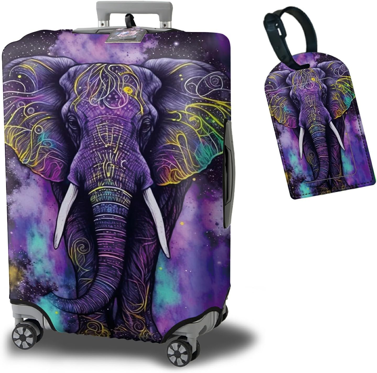 Luggage Cover Suitcase Protector Plus 1 Luggage Tag, Purple Elephant Travel Suitcase Cover Suitable for 30-32 inch Luggage (XL) with Concealed Zipper Washable Elastic Cloth Dustproof Anti-Scratch