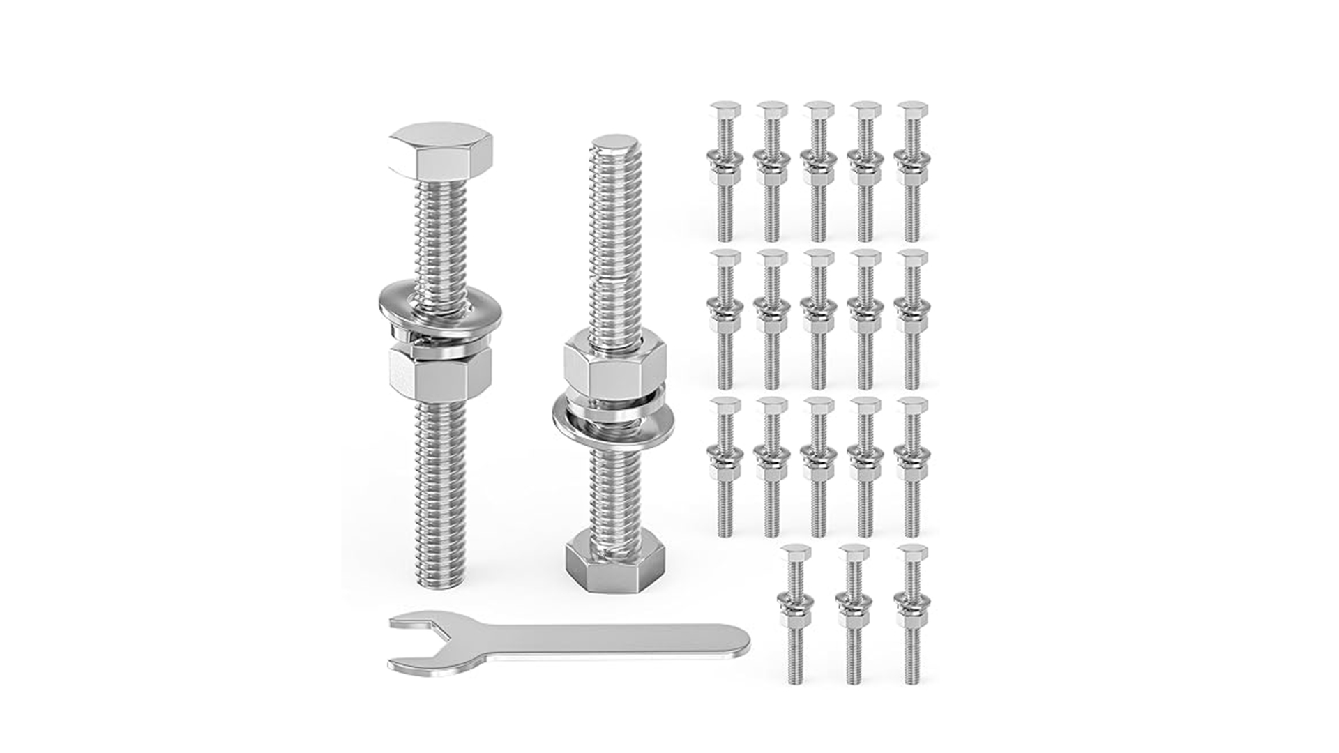 Image of 20PCS 5 /16-18 inch x 3 inch 304 Stainless Steel External Hex Bolt, Fully Threaded Bolt with Nut Flat & Lock Washers and Spanner