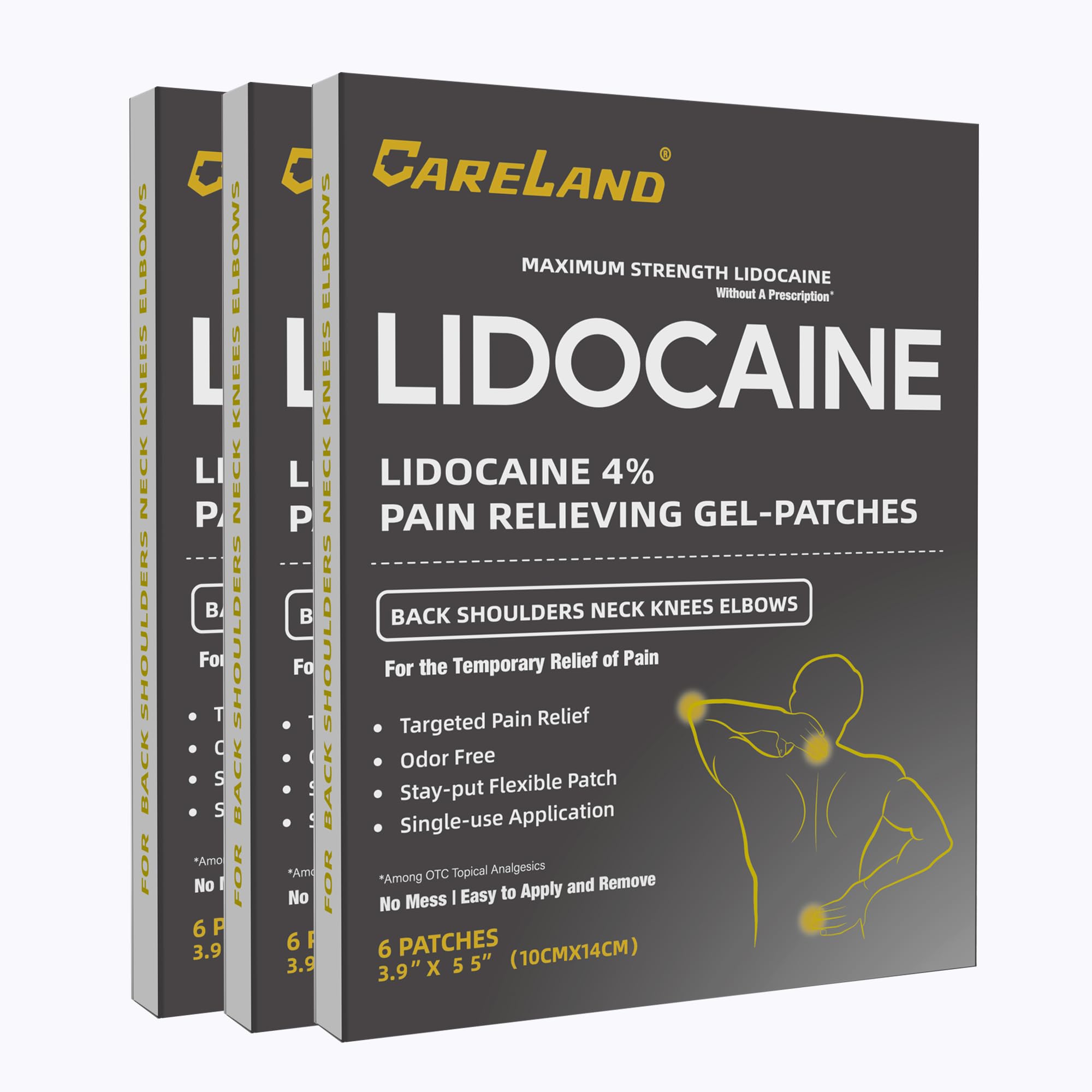 CARELAND Lidocaine Gel Patch, 18 Count Maximum Strength Pain Patches for Muscle Relief in Neck Knee Back and Shoulders Unscented Numbing Patch for Soothing Nerves, Joints