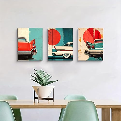Miniatura 4 de NAN Wind 3 piezas de lienzo retro clásico para automóvil, arte de pared vintage de los años 50, aleta trasera de mediados de siglo, moderno,
