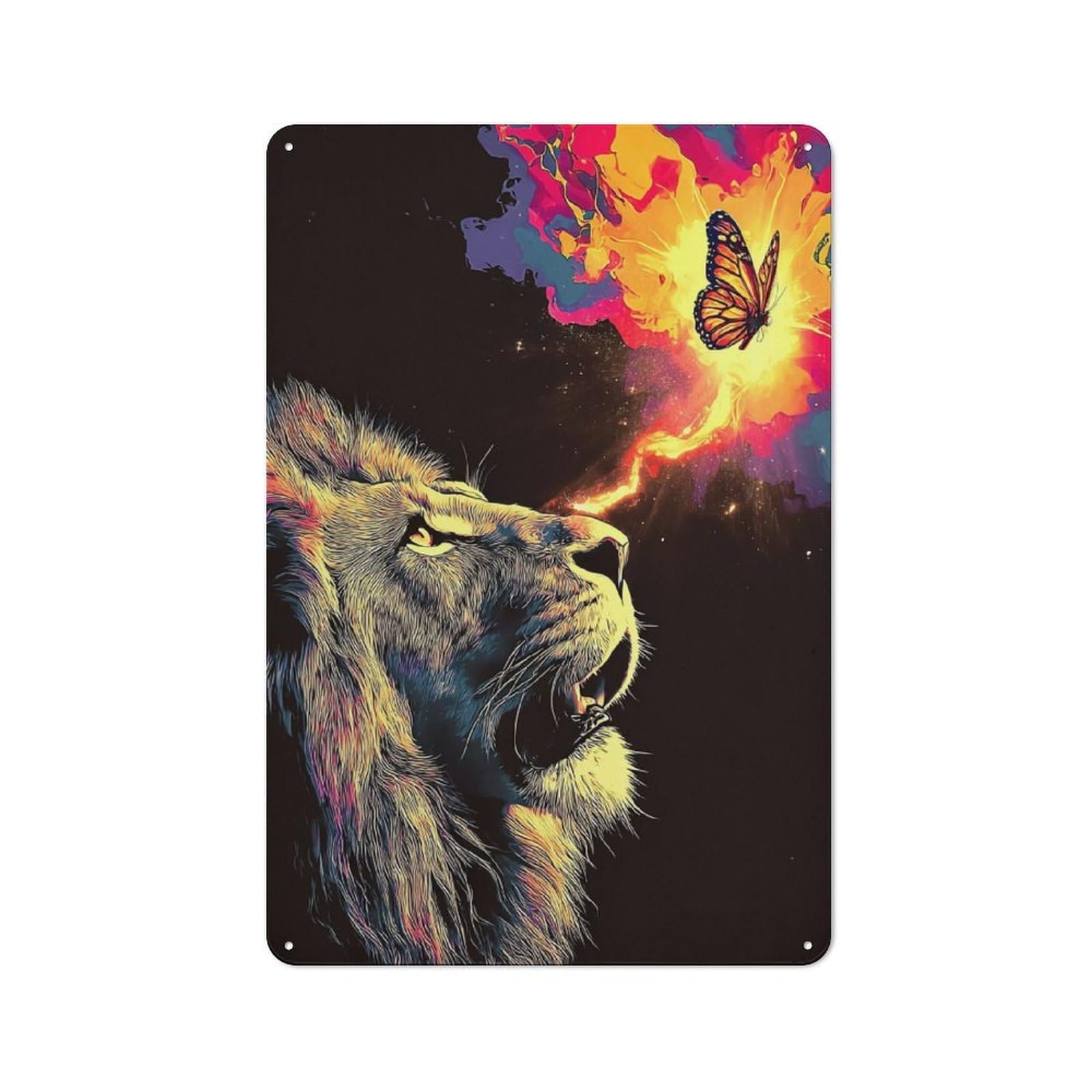 Roaring Lion And Butterfly Dance Metal Wall Art Sign 30x20cm, Vintage Vintage Wall Decor for Lounge, Study, Pub Or Wall Gallery