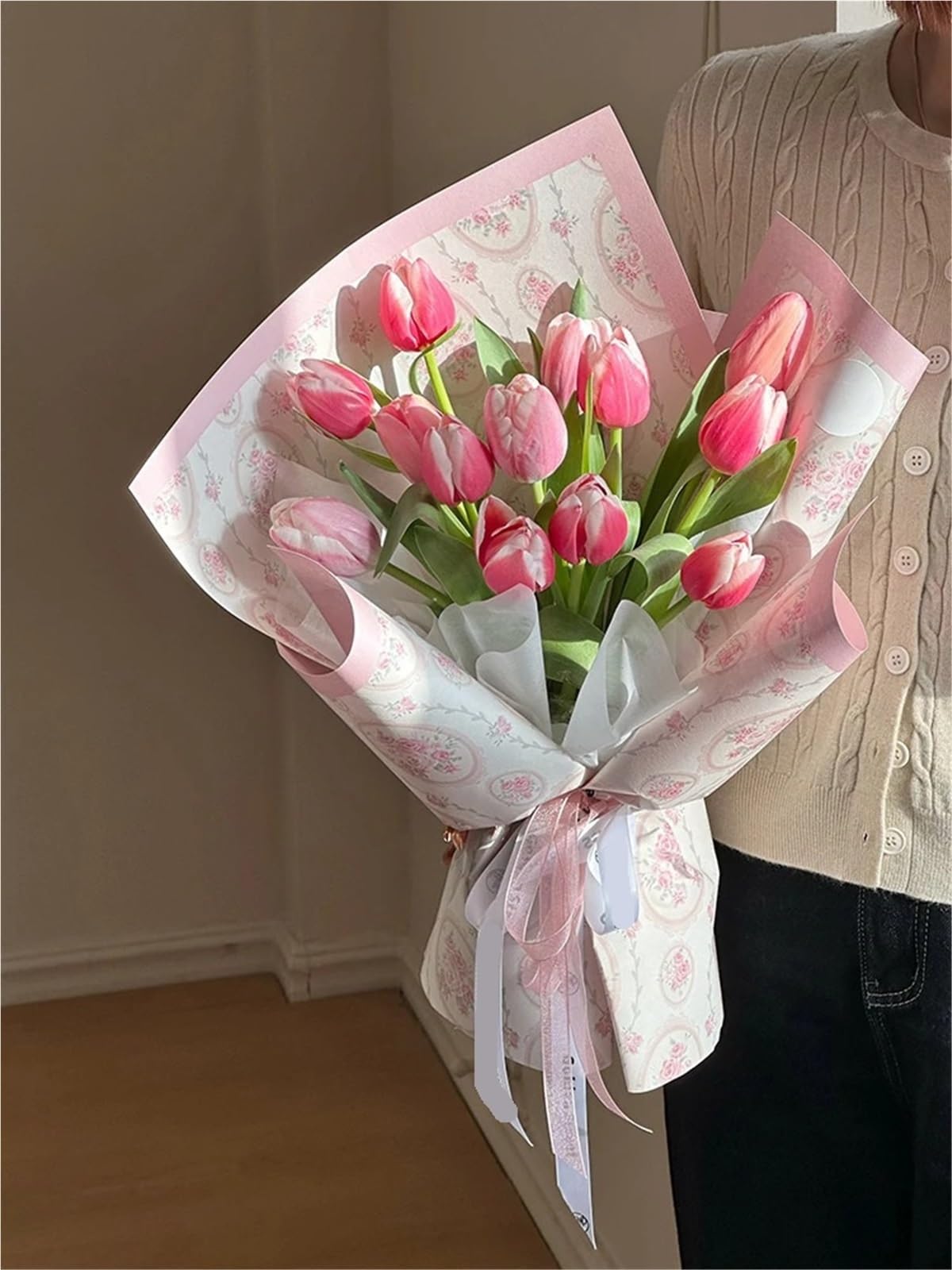 10 Stück Geschenkpapier für Valentinstag, Hochzeit | Einfache Blumen-wasserdichte Baumwollstrauß-Geschenkverpackungsbögen(Yellow)