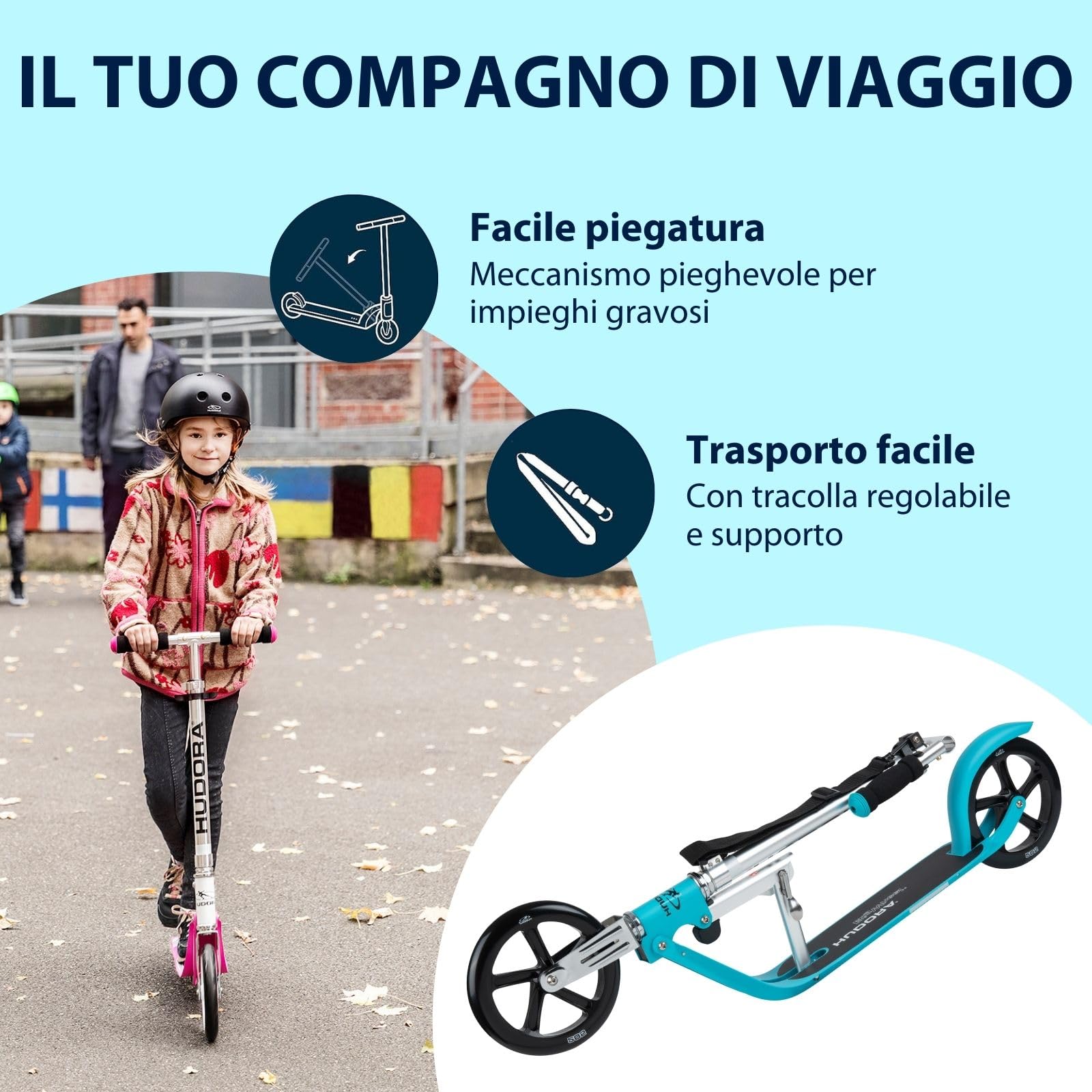 HUDORA BigWheel Scooter 205 I Robusto monopattino in alluminio I Monopattino da città regolabile in altezza e pieghevole I Monopattino per bambini e adulti fino a 100 kg