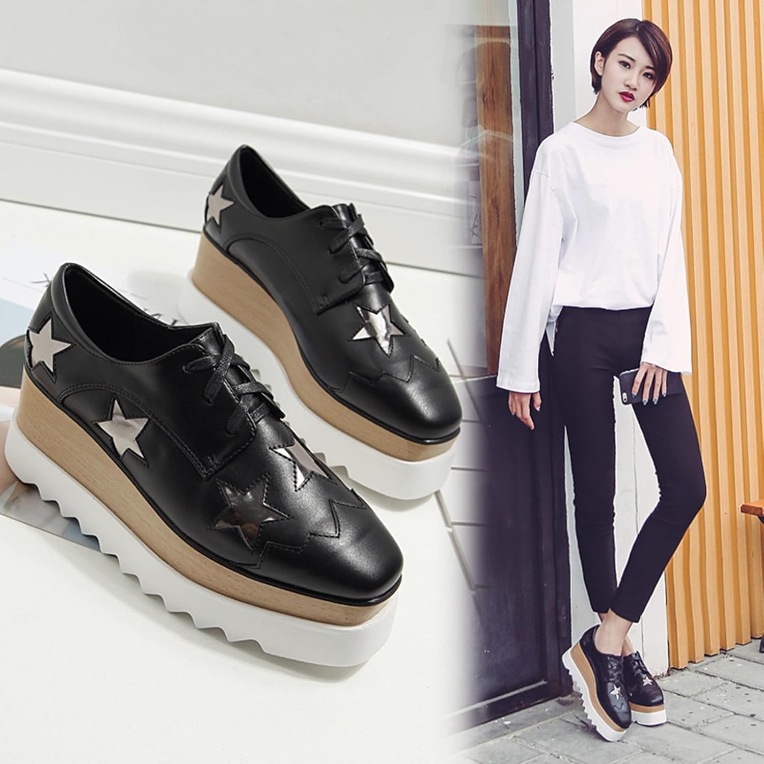 Amtopiyo Women's High Platform Square Toe Trainers Lace-Up Wedge Heel Casual Creepers Shoes - Image 7