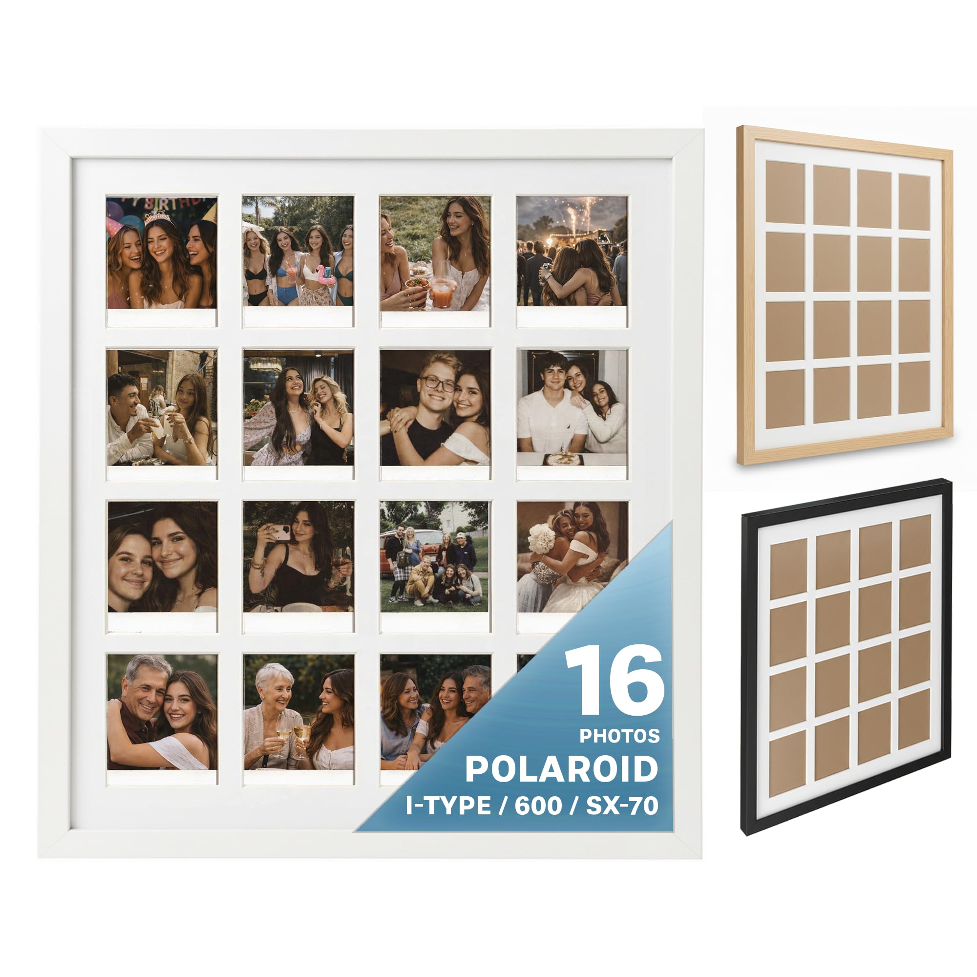 Tapeera Multi Picture Frame Collage Wall Decor For Polaroid i-Type 600 Film -16 Openings Photo Collage Frame For Wall Mini Picture Wall Frame - Not Compatible with Fujifilm Instax Mini Film (White)