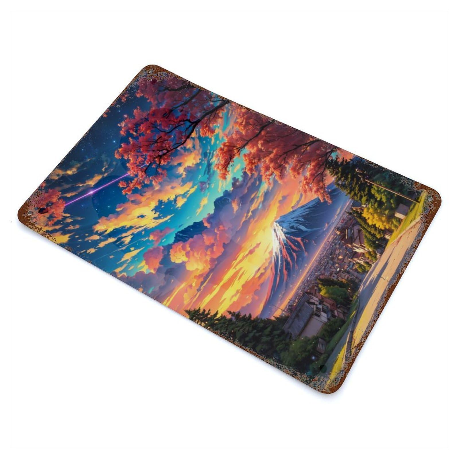 Sakura Mount Fuji Sunset Anime Rust Effect Tin Sign 11.8"x7.9", Ideal for Garage, Bar And Workshop Decor