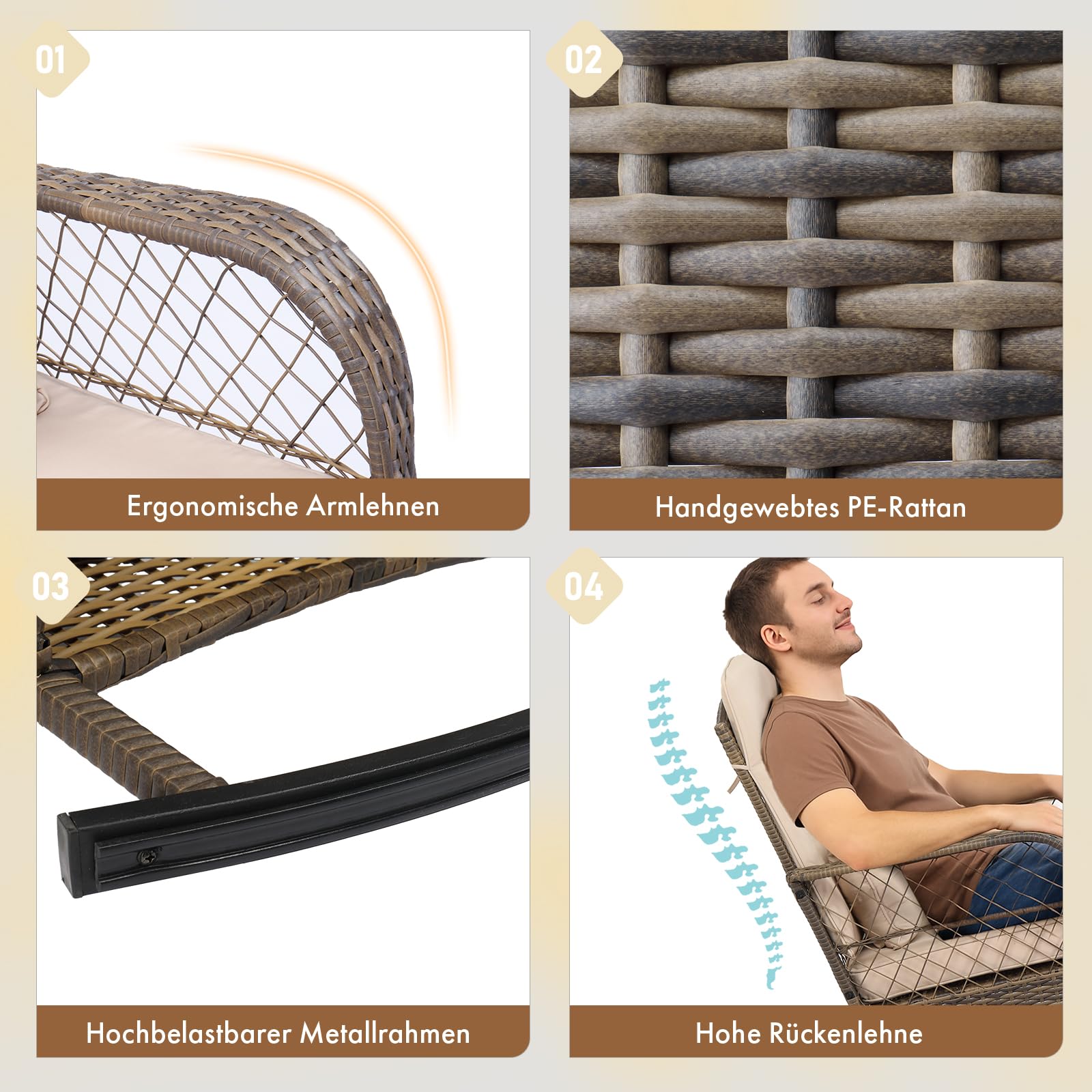 LEADZM Gartenmöbel Set für 2 Personen，Polyrattan Balkonmöbel 3-teiliges Set, Wetterfest, Komfortabel & Lässig, 2 Schaukelstühle & Tisch, für Garten, Balkon, Terrasse,Beige