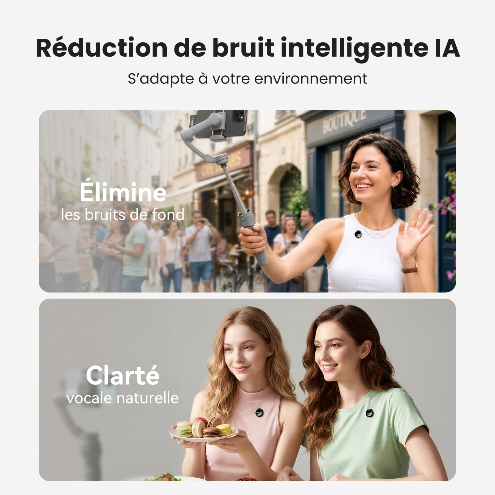 Micrófono lavalier inalámbrico para iPhone, Mini magnético | Cancelación de ruido IA, conexión rápida, batería 6h, ideal para Vlogs, entrevistas y directos