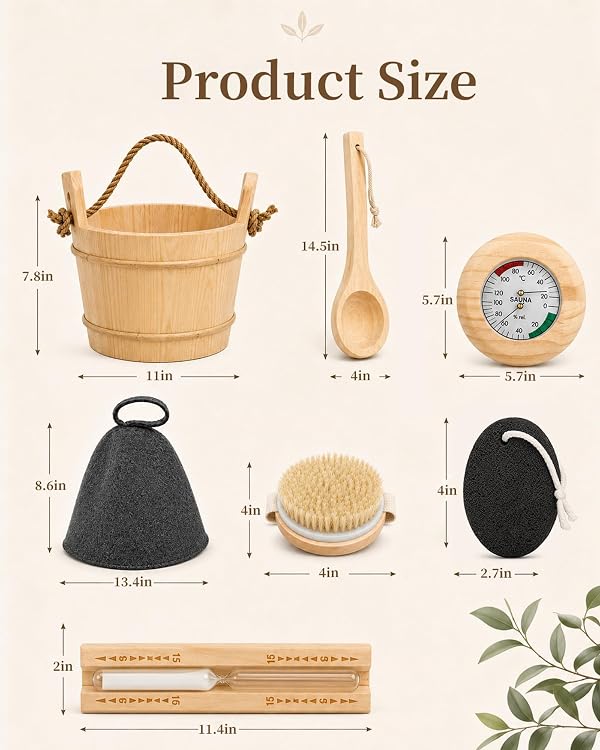 7-Piece Sauna Accessories Kit with Bucket, Ladle,Thermometer and Sauna Hat by MLLNFUE - Used condition - Image 2