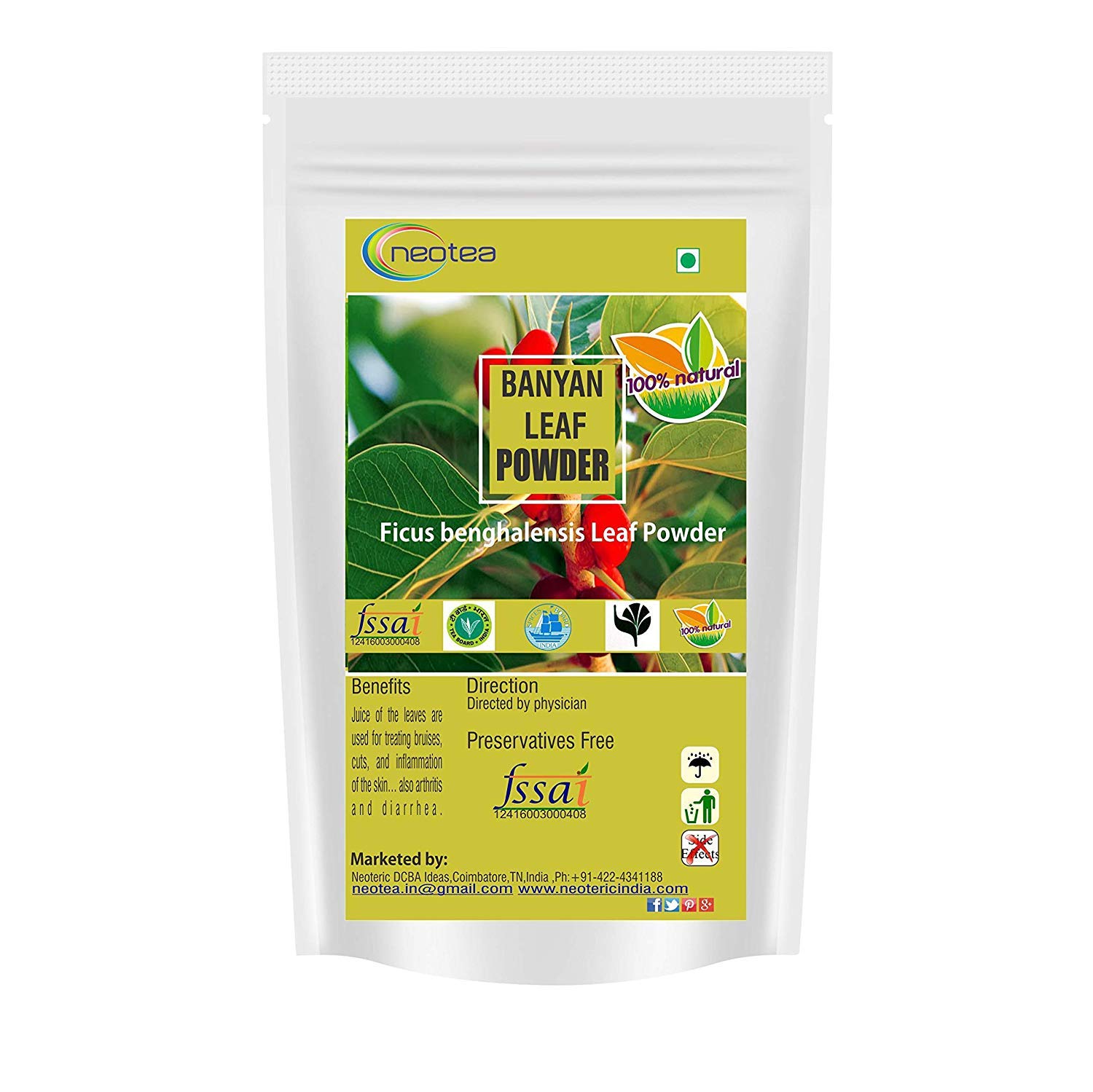 Neotea Banyan Leaf Powder | Aalam Ilai | Ficus Benghalensis | Marri Udala | Bargad | Bahupada | Root & Jad | Natural Remedy for Tooth Problems, Oral Health, Skin Care, Digestive Support, Blood Sugar & Immune Boost 500 GM