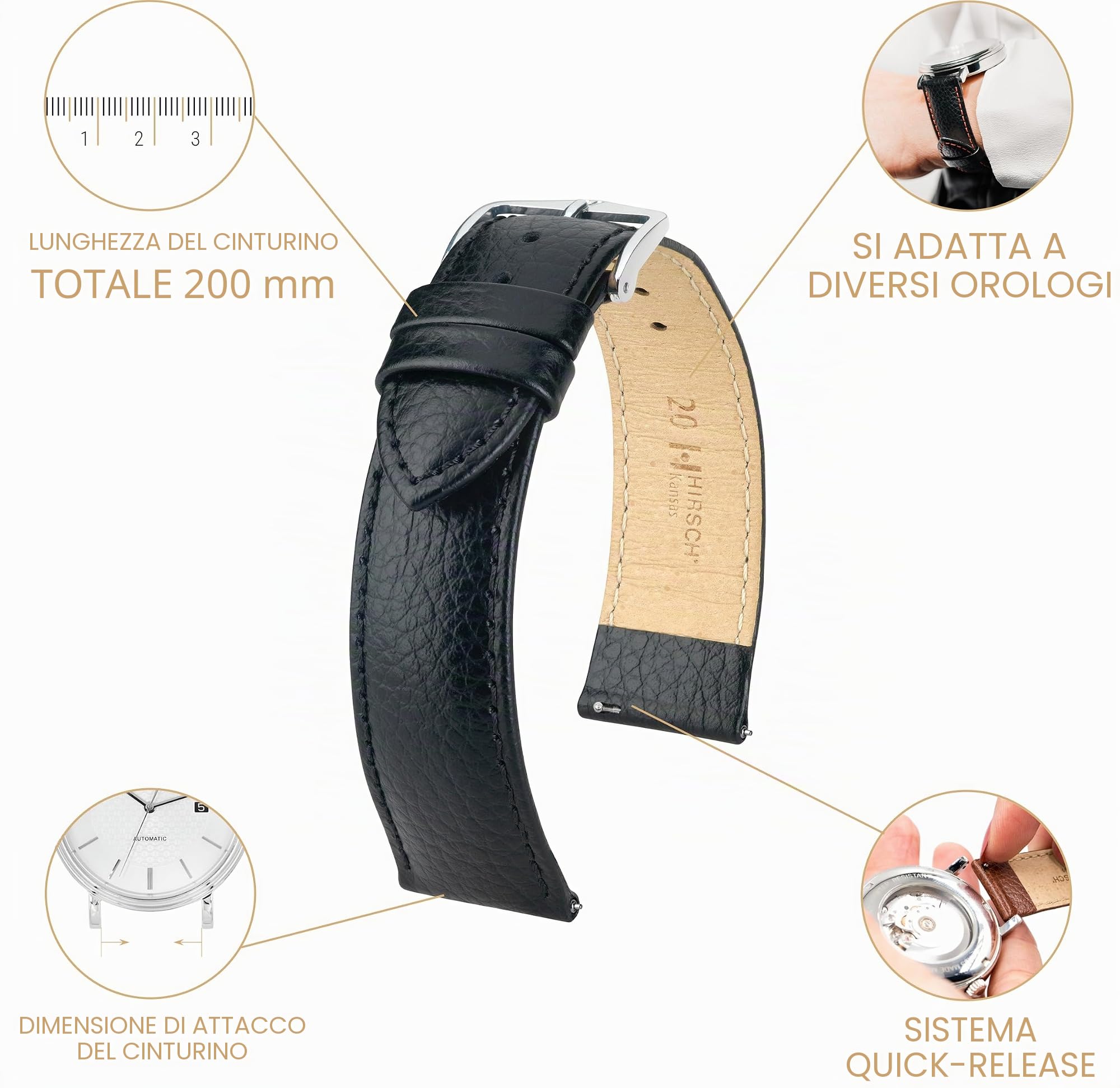 HIRSCH Kansas, cinturino in vera pelle di vitello, goffratura bufalo, per uomo e donna