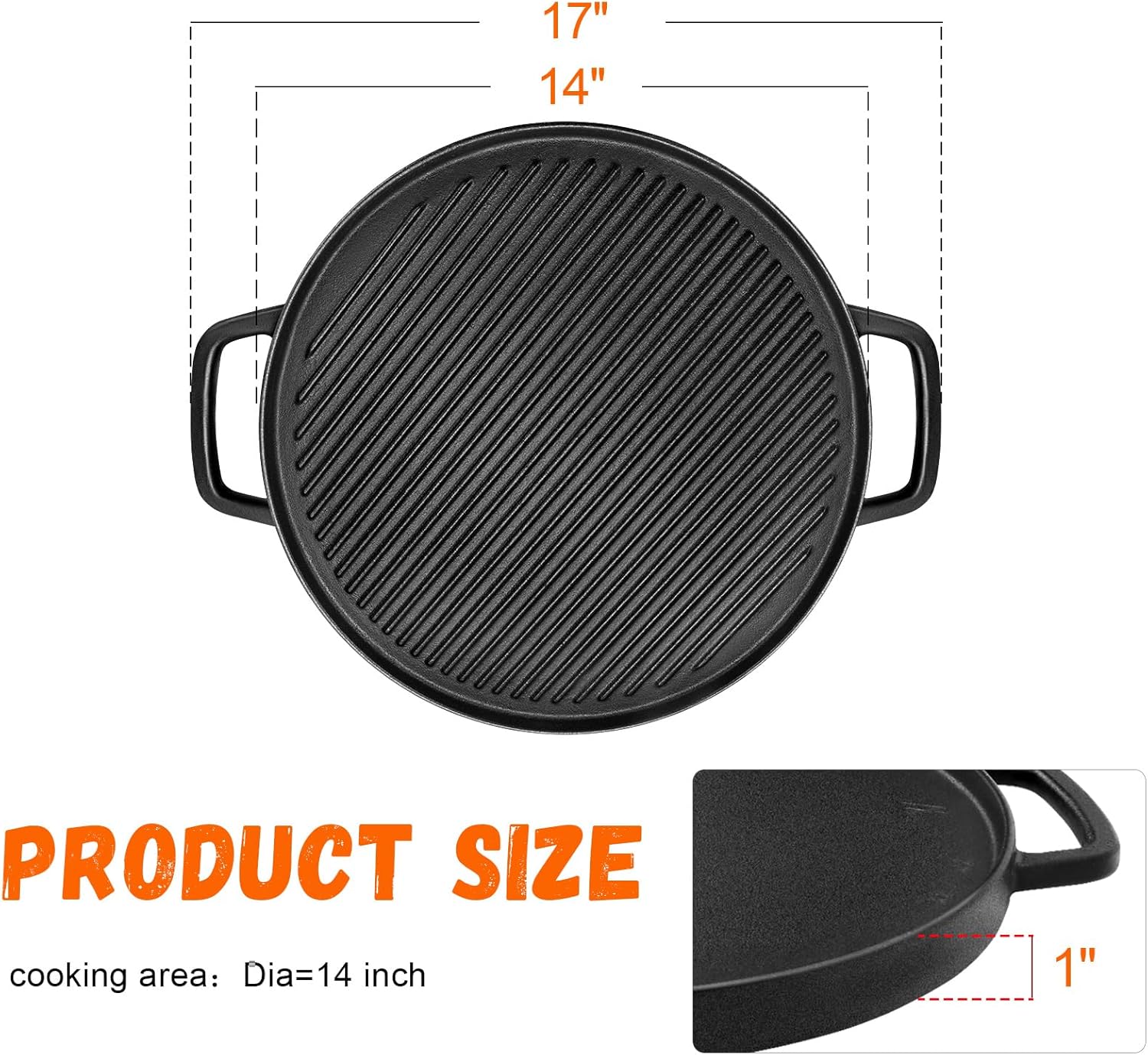 GGC Reversible Cast Iron Griddle, Double-sided Griddle Pan for Stove Tops, Gas Grills and Outdoor Cooking, 14 inch Grill Griddle with Baking Flat and Ribbed