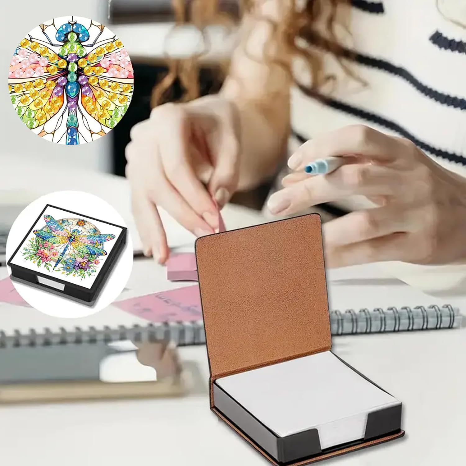 Note Storage Box, Diamond Art Painting Leather Message Paper Storage Note Box with 160 Sticky Notes Reusable Sticky Note Holder, for Work Desk Organization-2PCS-4