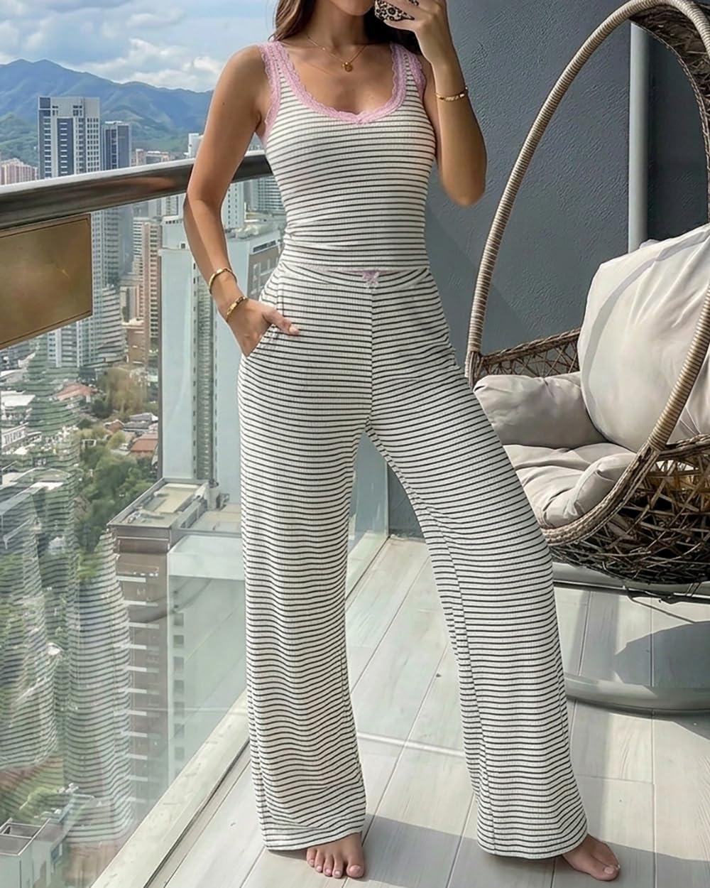 CHICME Women's Pajamas Sets 2 Piece Striped Knit Lounge Set Lace Trim Sleeveless Tank Pants Pj Casual Loungewear with Pockets