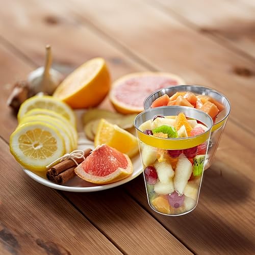 Miniatura 4 de LFGUD 100 vasos de plástico dorados, vasos de plástico desechables de 10 onzas para fiestas, vasos desechables de plástico duro con borde dorado