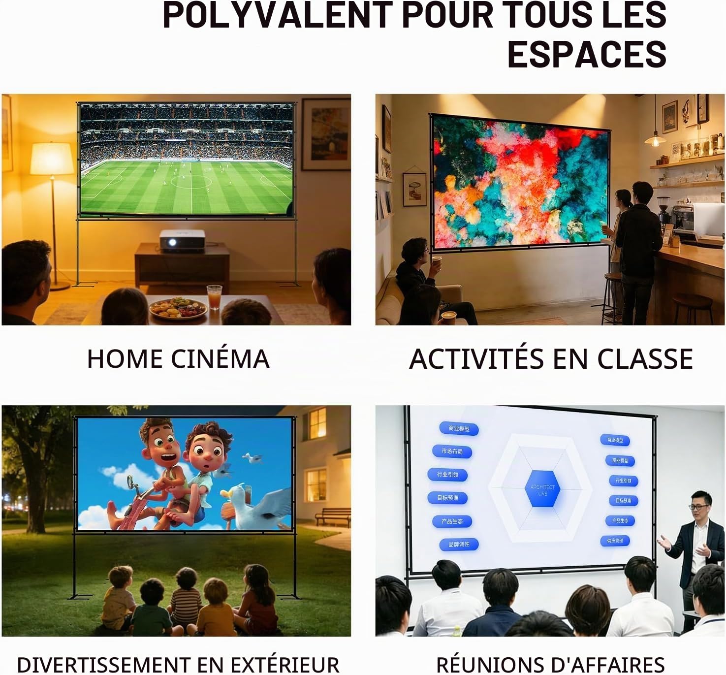 Écran de Projection 100" Grand Écran avec Support - Toile 4K HD 16:9 Anti-Pli, Montage 5 Min, Idéal Home Cinéma, Jardin & Présentations - Sac Transport