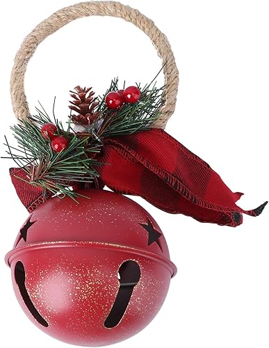 Ciieeo Campanas de cascabel de Navidad para colgar en la puerta, campanas grandes para colgar en la puerta, con cono de pino, bayas y hierro,