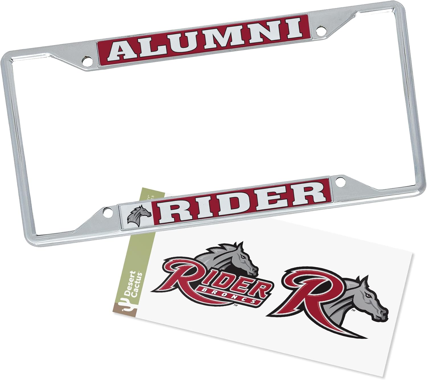 Desert Cactus Rider University Car Accessories Metal License Plate Frame and Sticker for Front or Rear of Car (Sticker Frame Combo - Alumni)