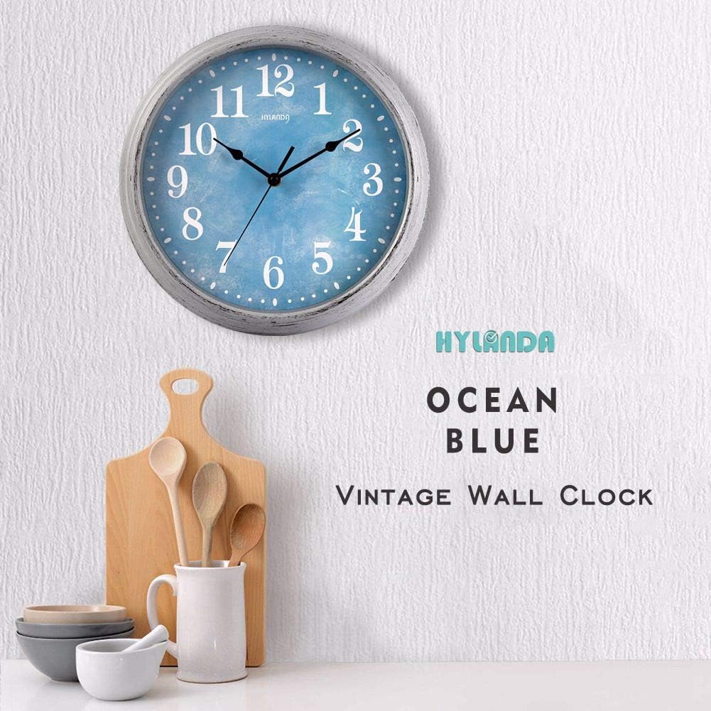 HYLANDA Wall Clock, 12 Inch Retro Silent Non Ticking Clock, Vintage Round Wall Clocks Battery Operated, Decorative for Kitchen Living Room Home School Office(Ocean Blue): Kitchen & Dining