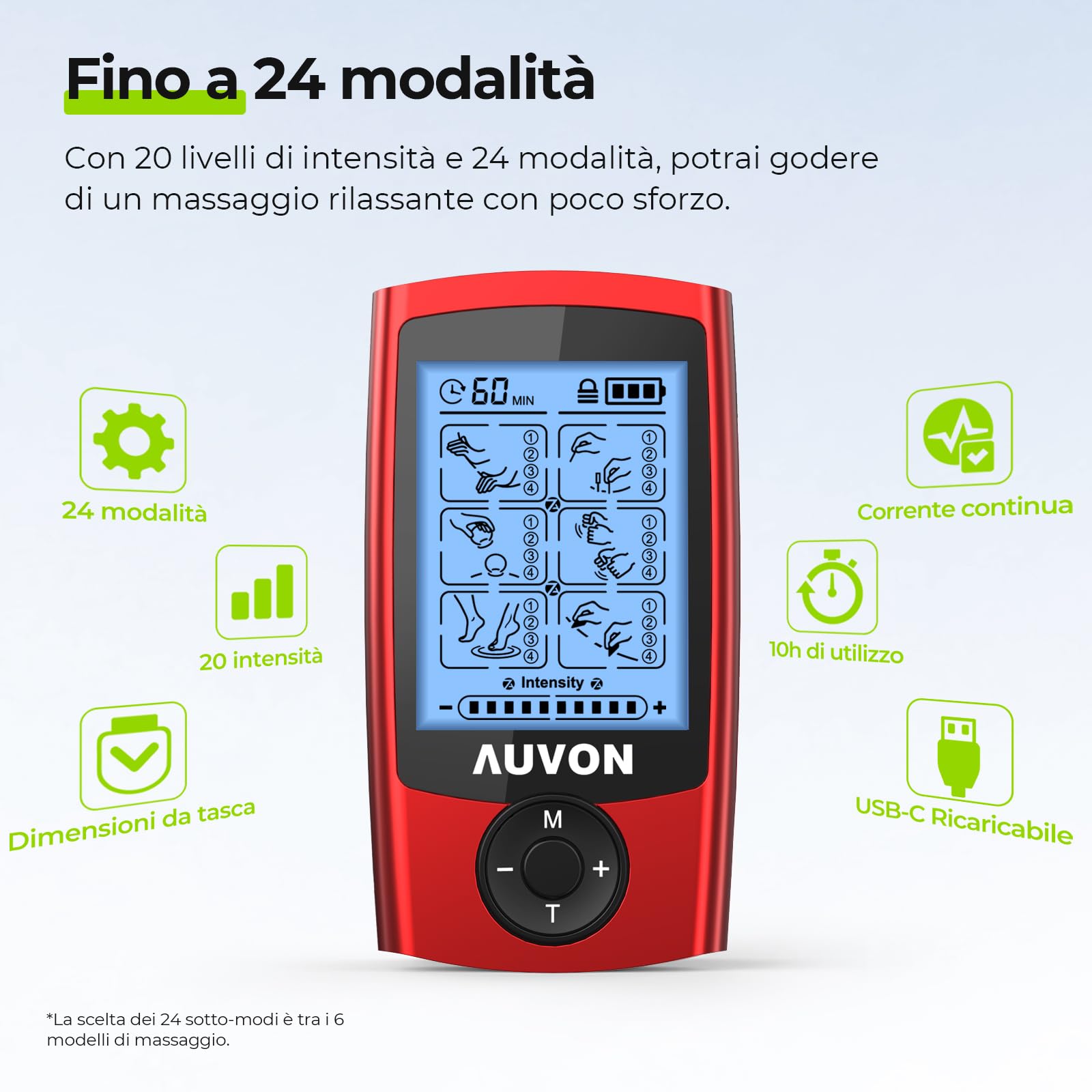 AUVON Elettrostimolatore muscolare con Case in EVA, TENS Elettrostimolatore ricaricabile per il trattamento del dolore con 24 Modalità di allenamento, 2 canali per elettrostimolatore, 12 elettrodi