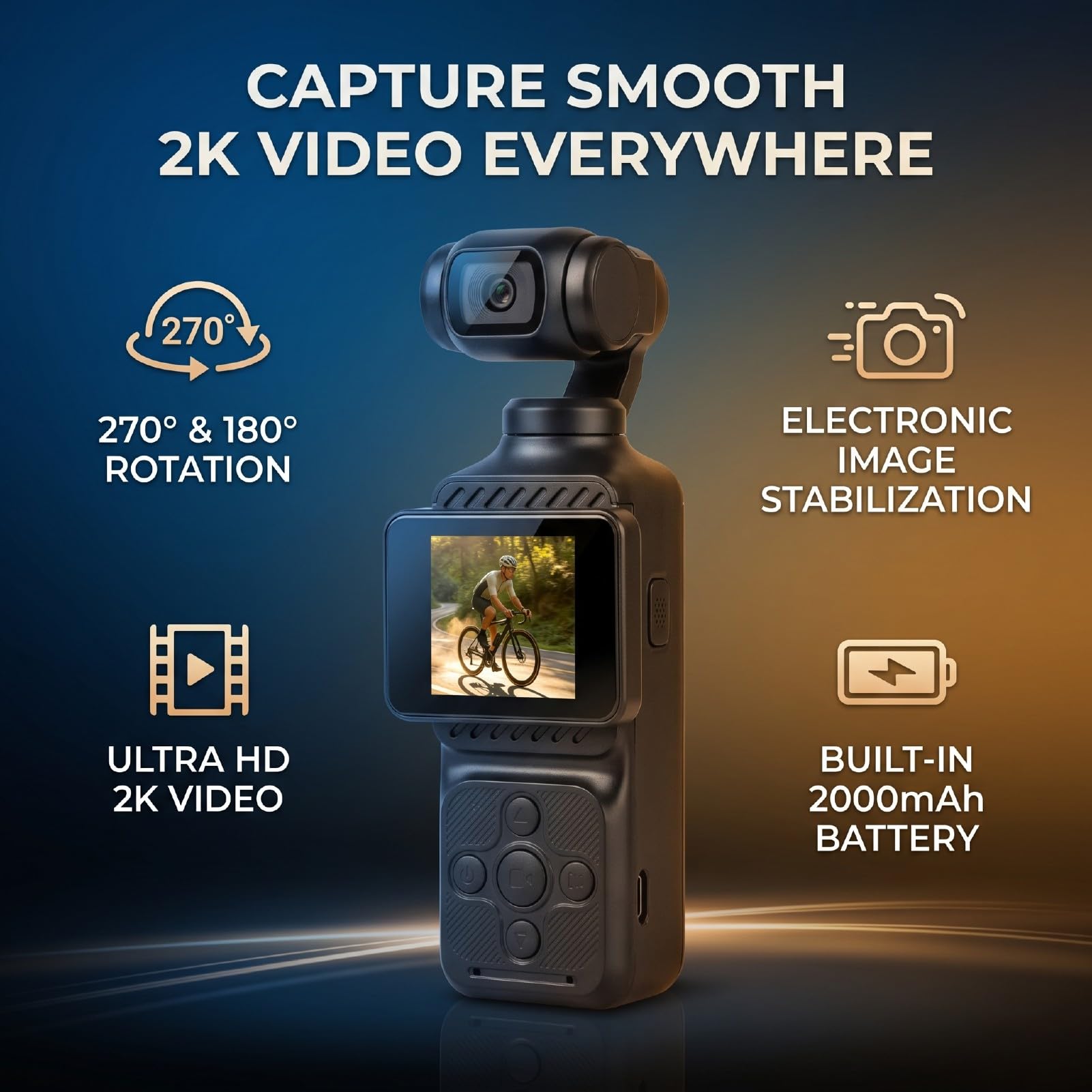 Sxhlseller Videocamera Portatile POV con Obiettivo Ruotabile 2K | Videoregistratore Portatile, Stabilizzazione Elettronica, Registrazione di Vlog di Viaggio, Action Cam