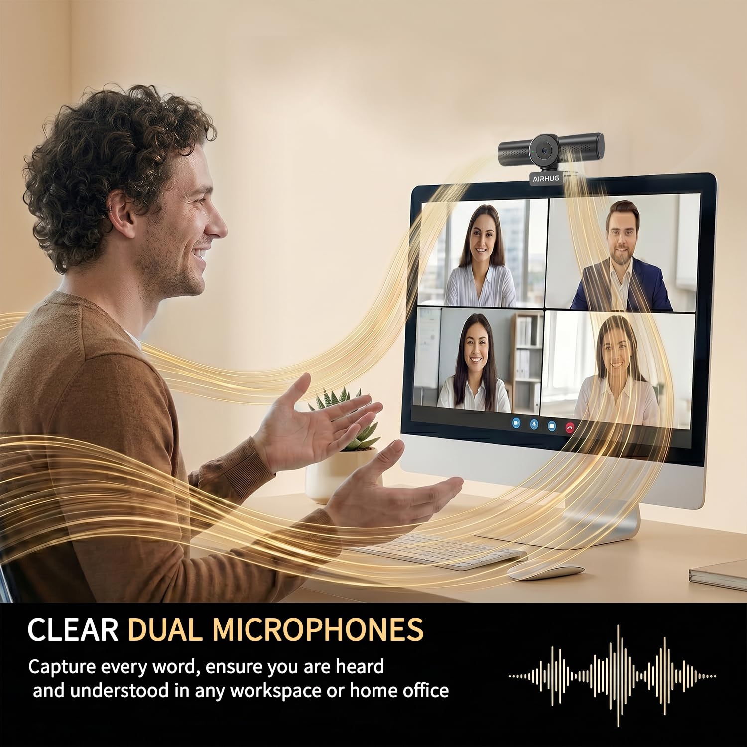 AIRHUG Webcam 4K 30fps con doppio microfono omnidirezionale e copertura per la privacy | Sensore Sony 16MP, autofocus PDAF, correzione automatica della luce, vista messa a fuoco a 63°, Plug & Play USB