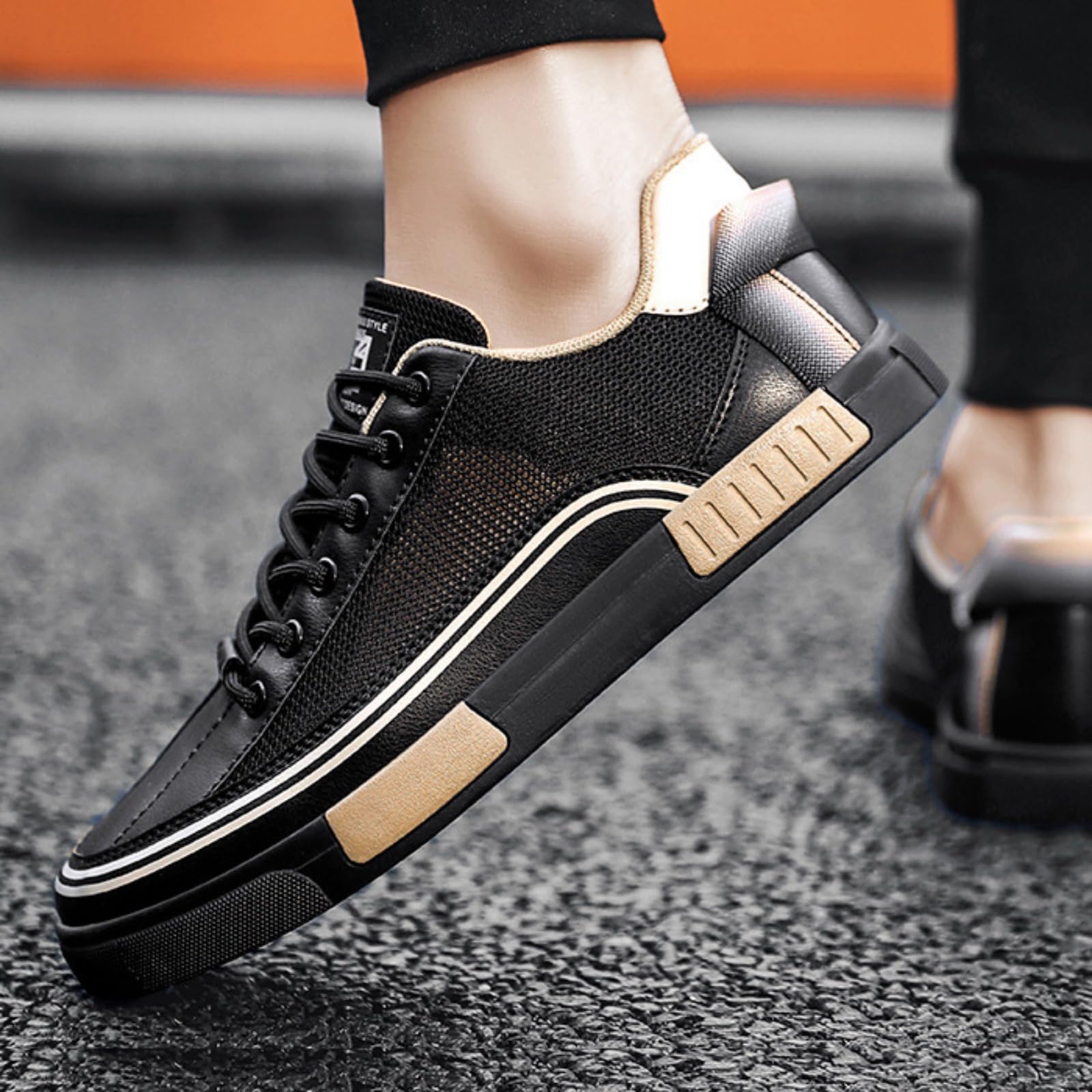 Men's Striped Color Block Skateboard Shoes with Contrasting Color Patchwork Skateboard Sneaker (Black,7.5)